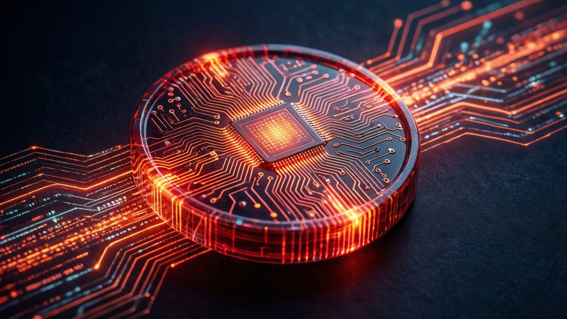 Et rødglødende kredsløbskort token med datastrømme i et mørkt teknologimiljø.