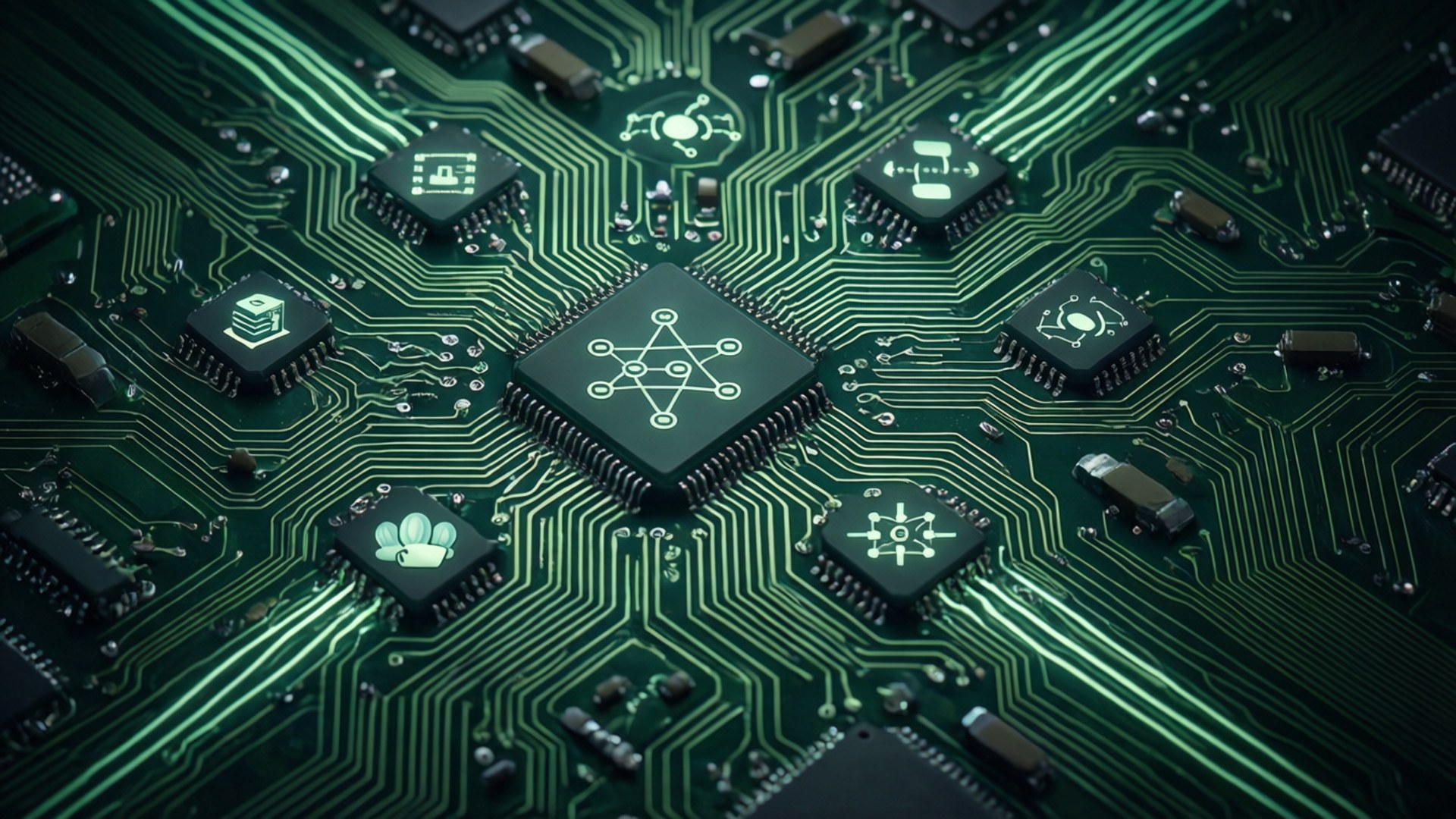 Tech wallpaper with circuit board and network icons in dark green.