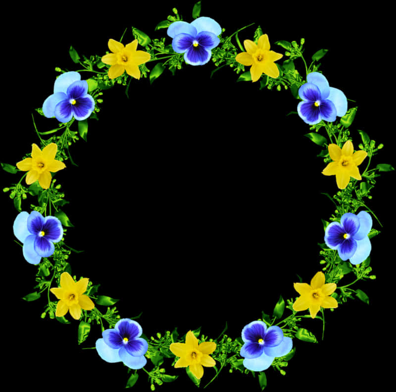 Circular Floral Frame Yellow Blue Flowers PNG