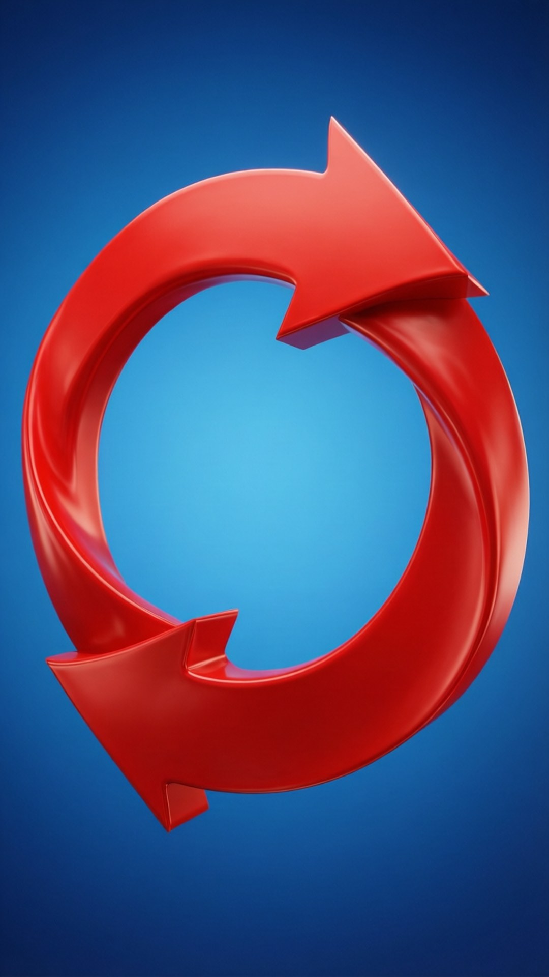 A red arrow curved into a circle on a blue gradient background, glossy and 3D.