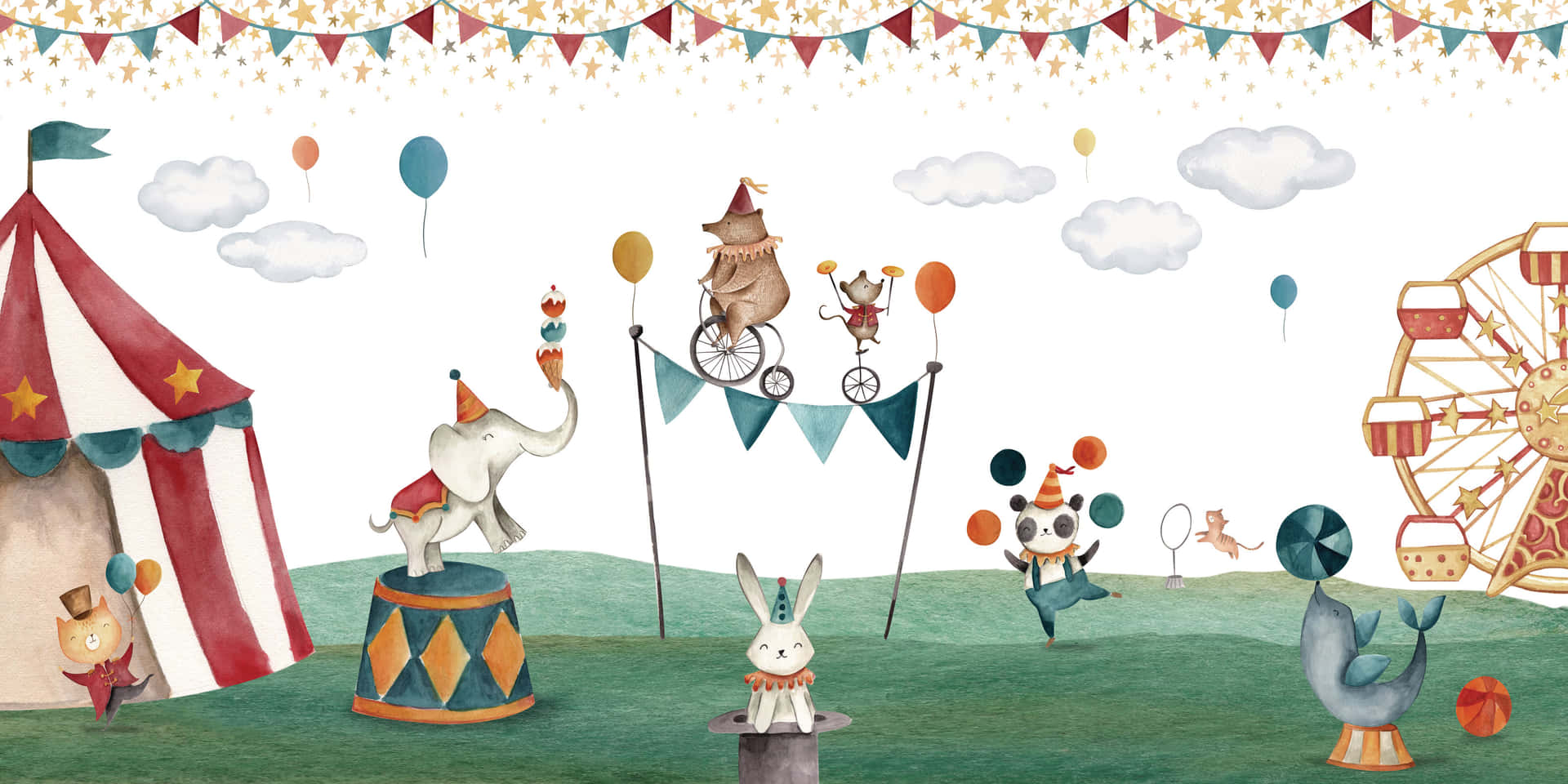A Watercolor Circus Mural With Animals And A Circus Tent