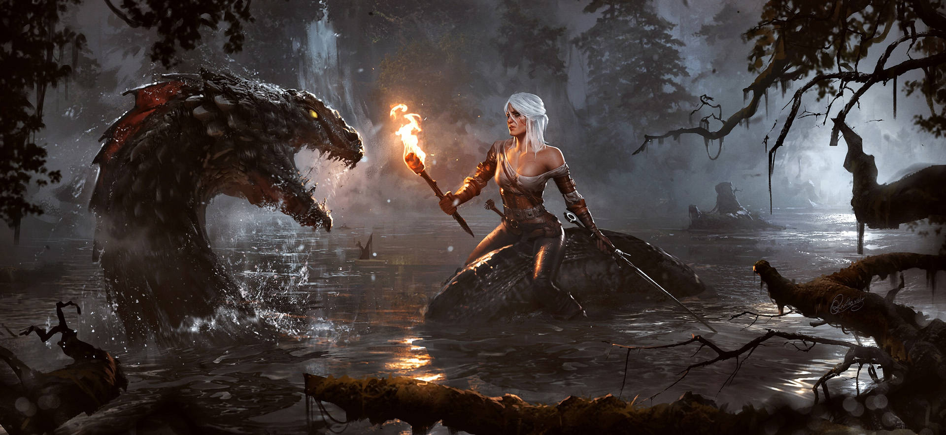 "Ciri engaged in an epic battle against the Great Serpent in The Witcher 3" Wallpaper