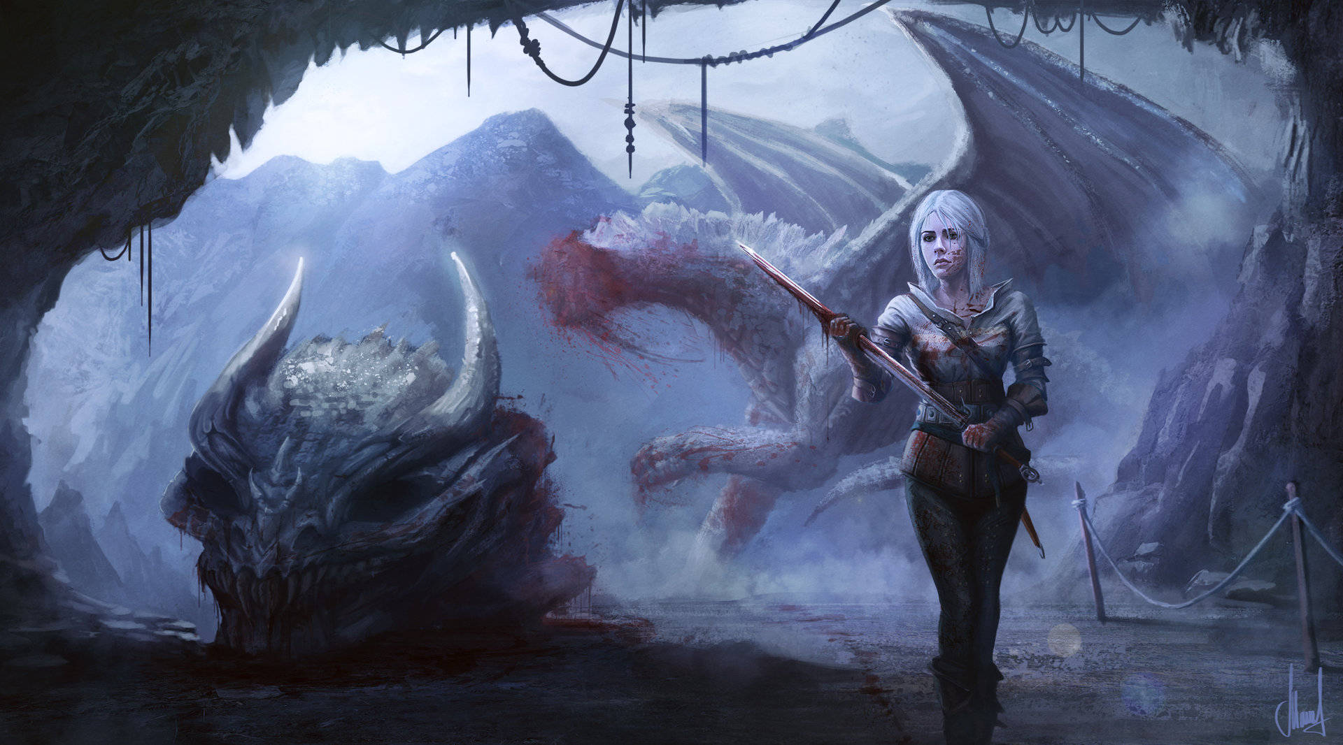 "Ciri Slaying a Monster in The Witcher 3" Wallpaper