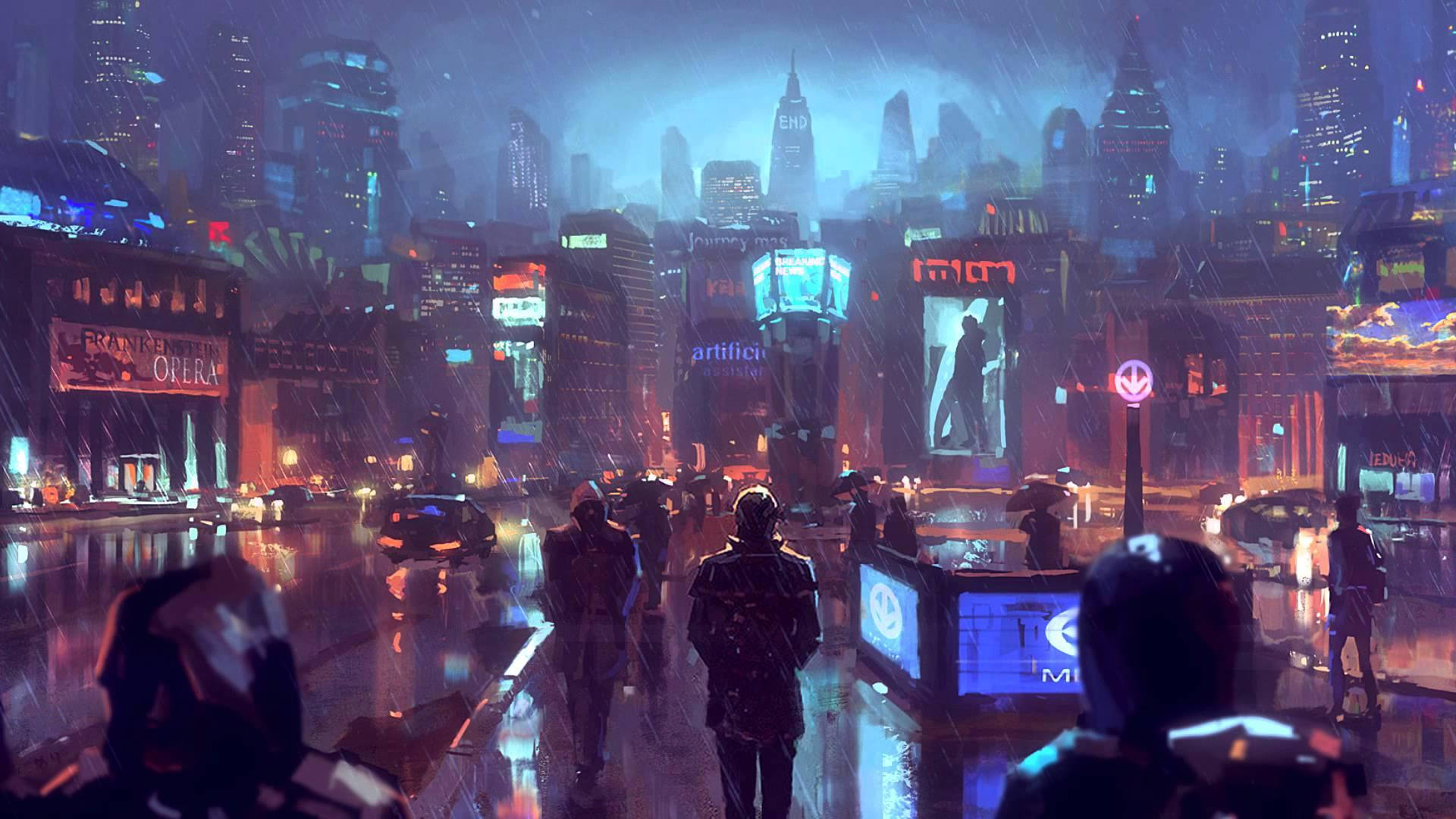 Citizens of the Cyberpunk City Battling the Rainy Season Wallpaper