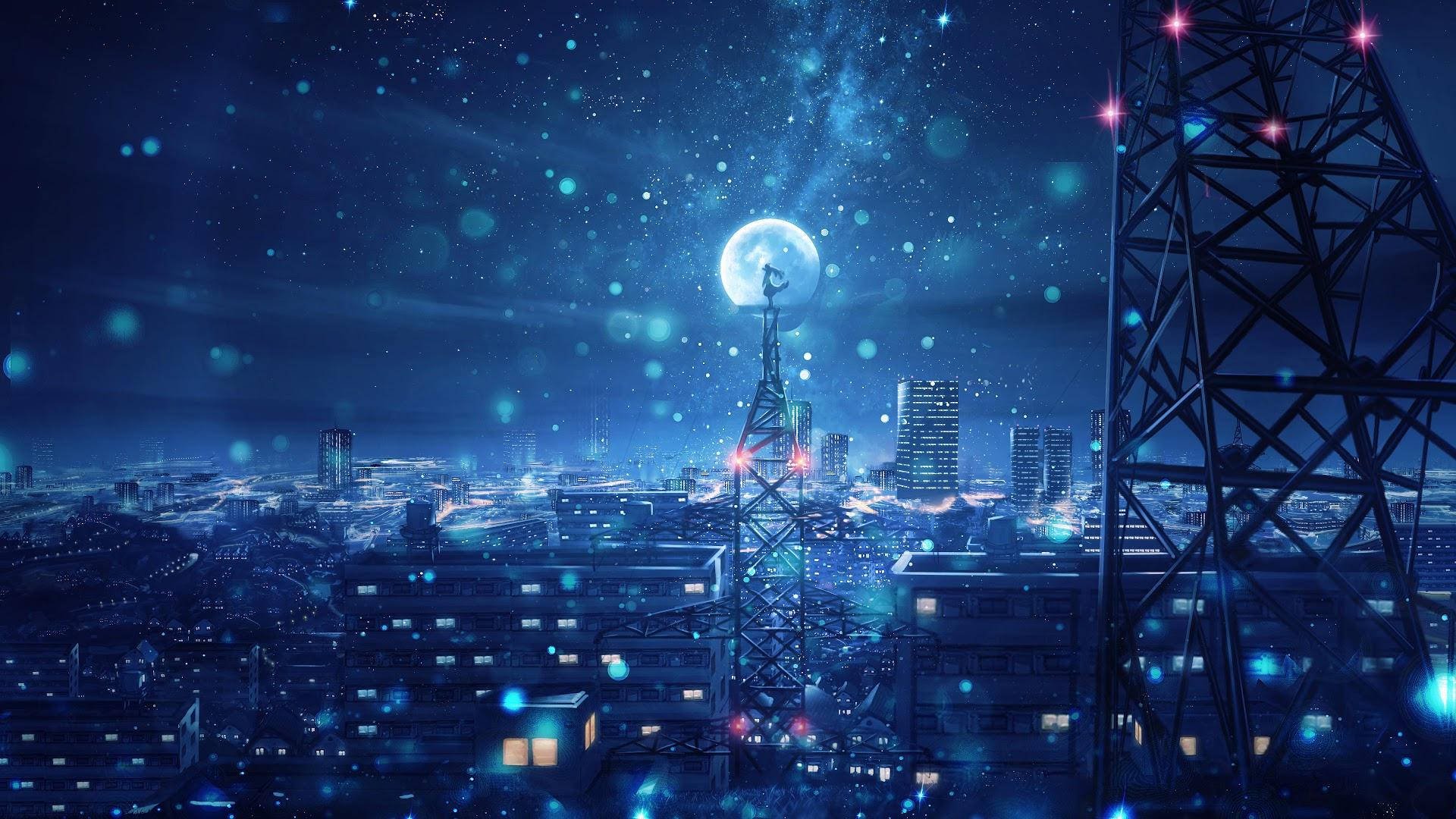 Stadbyggnader Anime Natt Himmel. Wallpaper