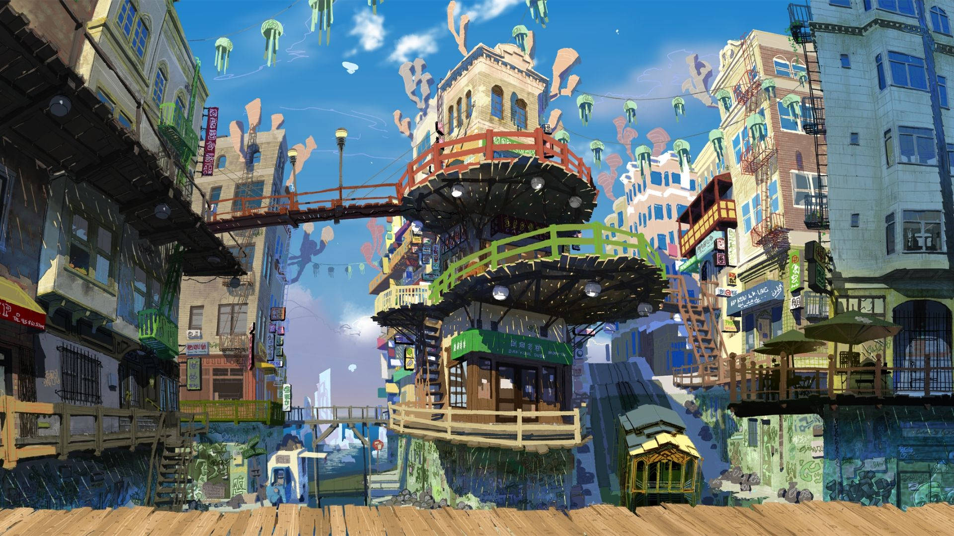 City Buildings Anime Scenery Wallpaper