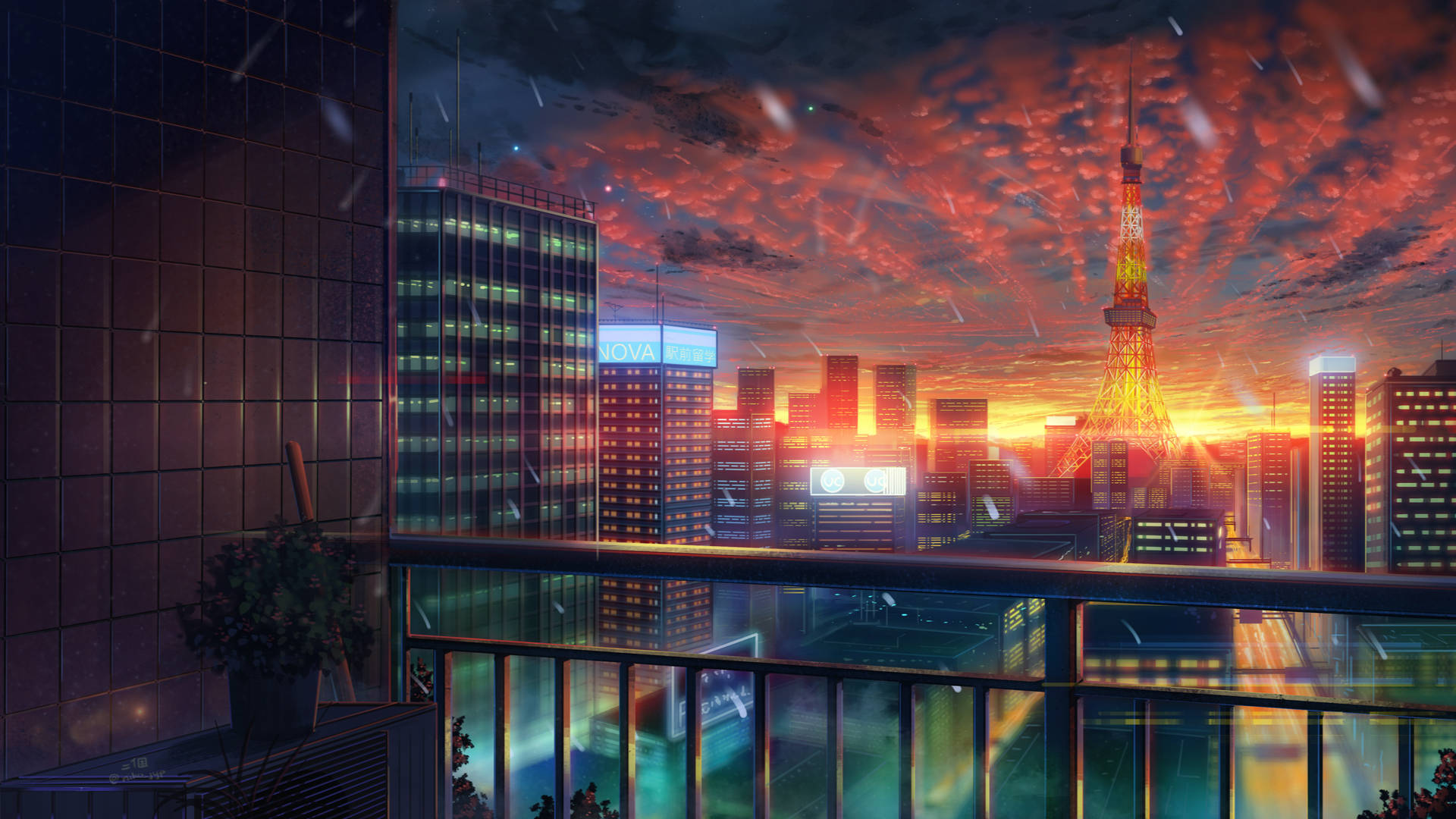 City Buildings Sunset Anime 4k Wallpaper
