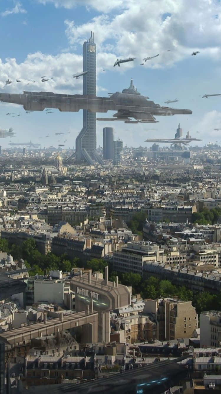 Et by med mange Star Wars-skibe, der flyver over det Wallpaper