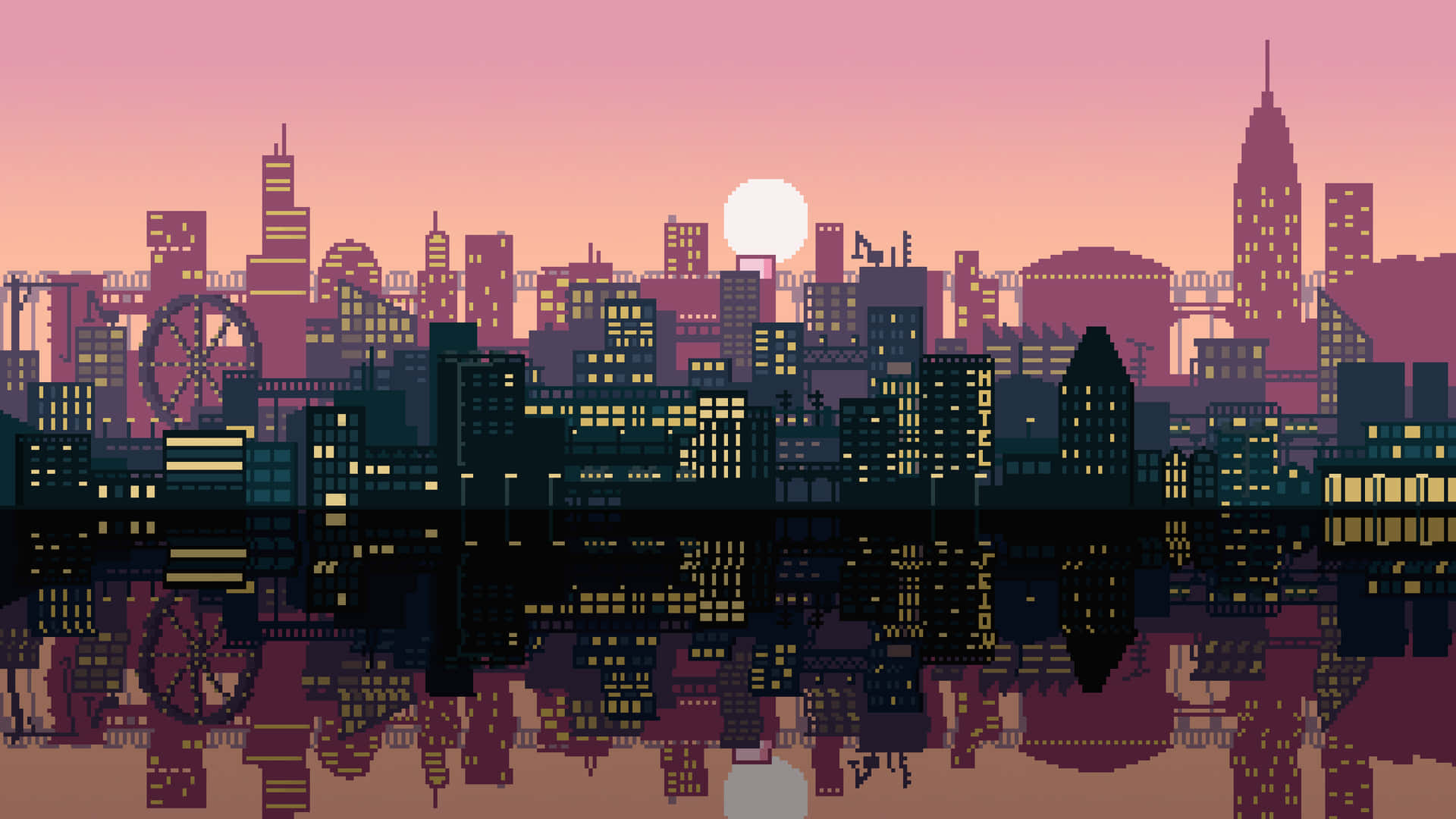 Download Reflective Waters City Pixel Art Wallpaper