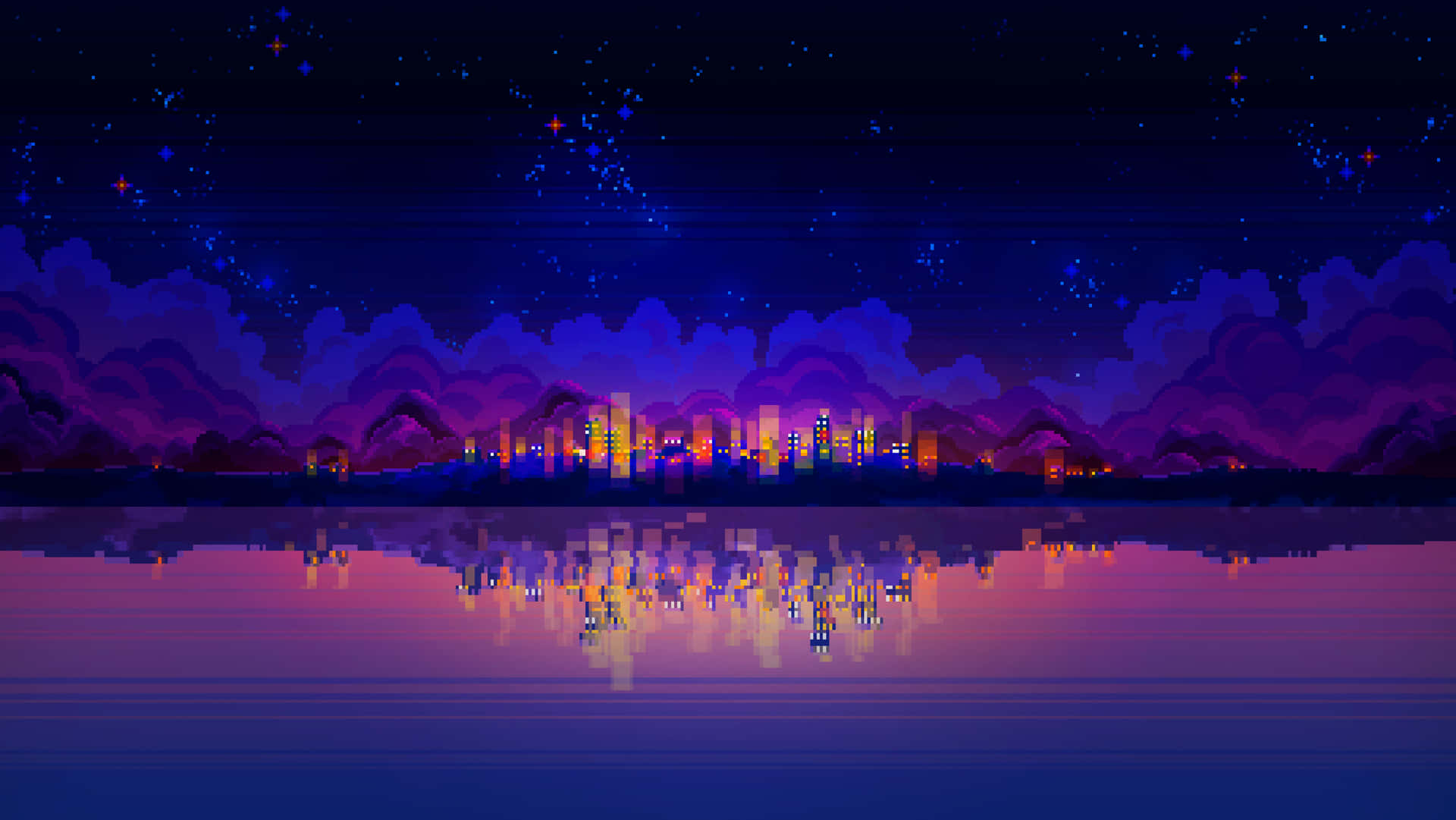 Ljusstarkstadssilhuett I Pixelkonst Wallpaper