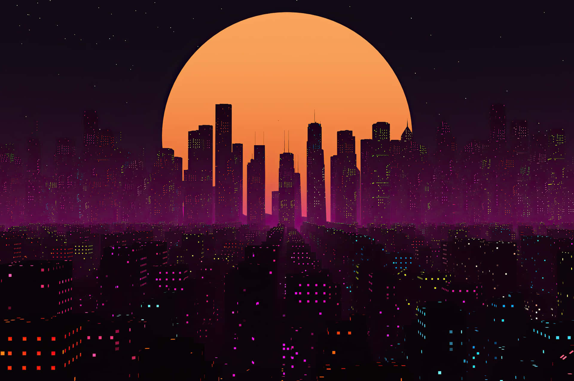 Colorful Cityscape in Pixel Art Wallpaper