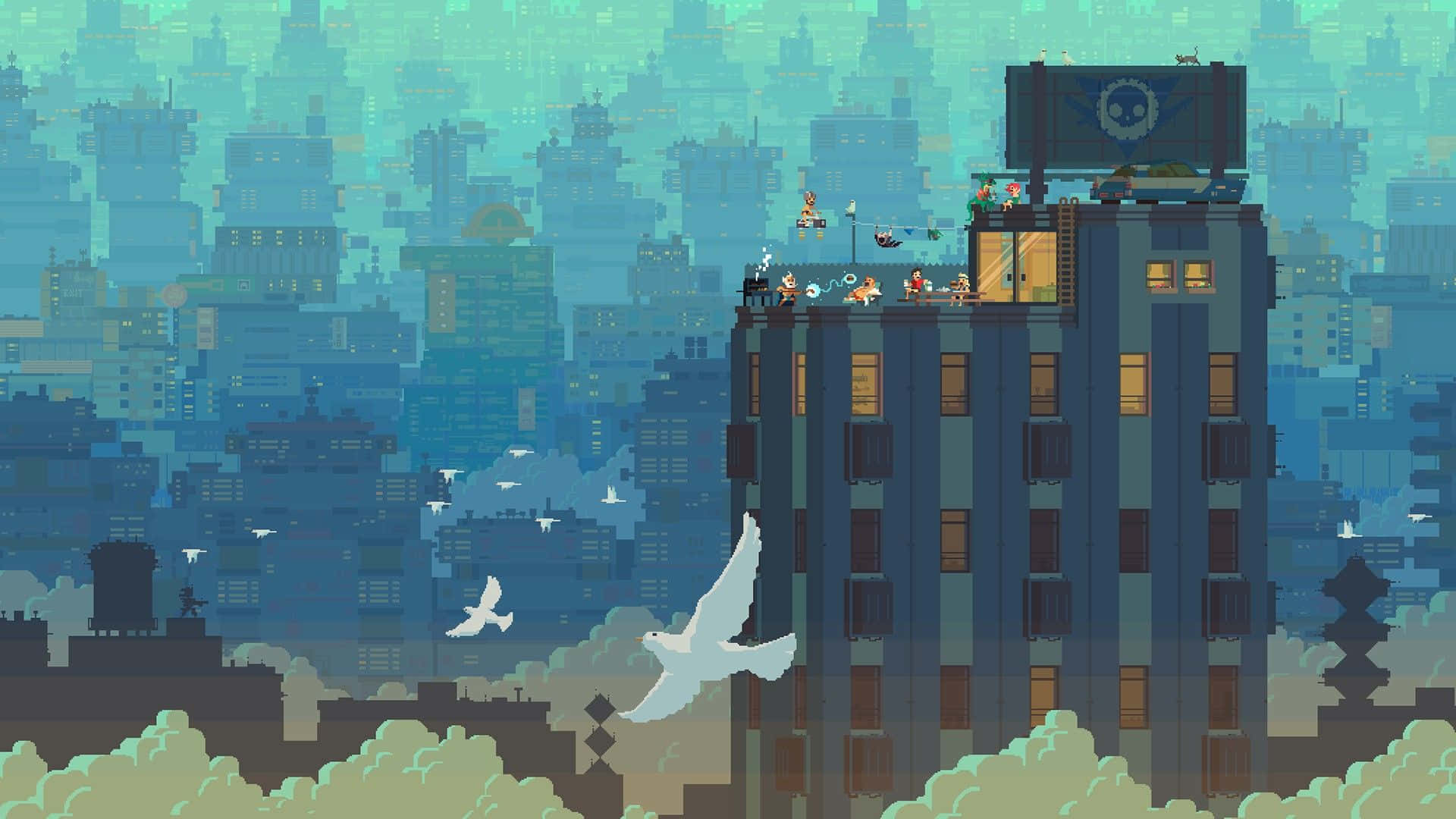 Skapaen Färgglad Pixelkonststad. Wallpaper