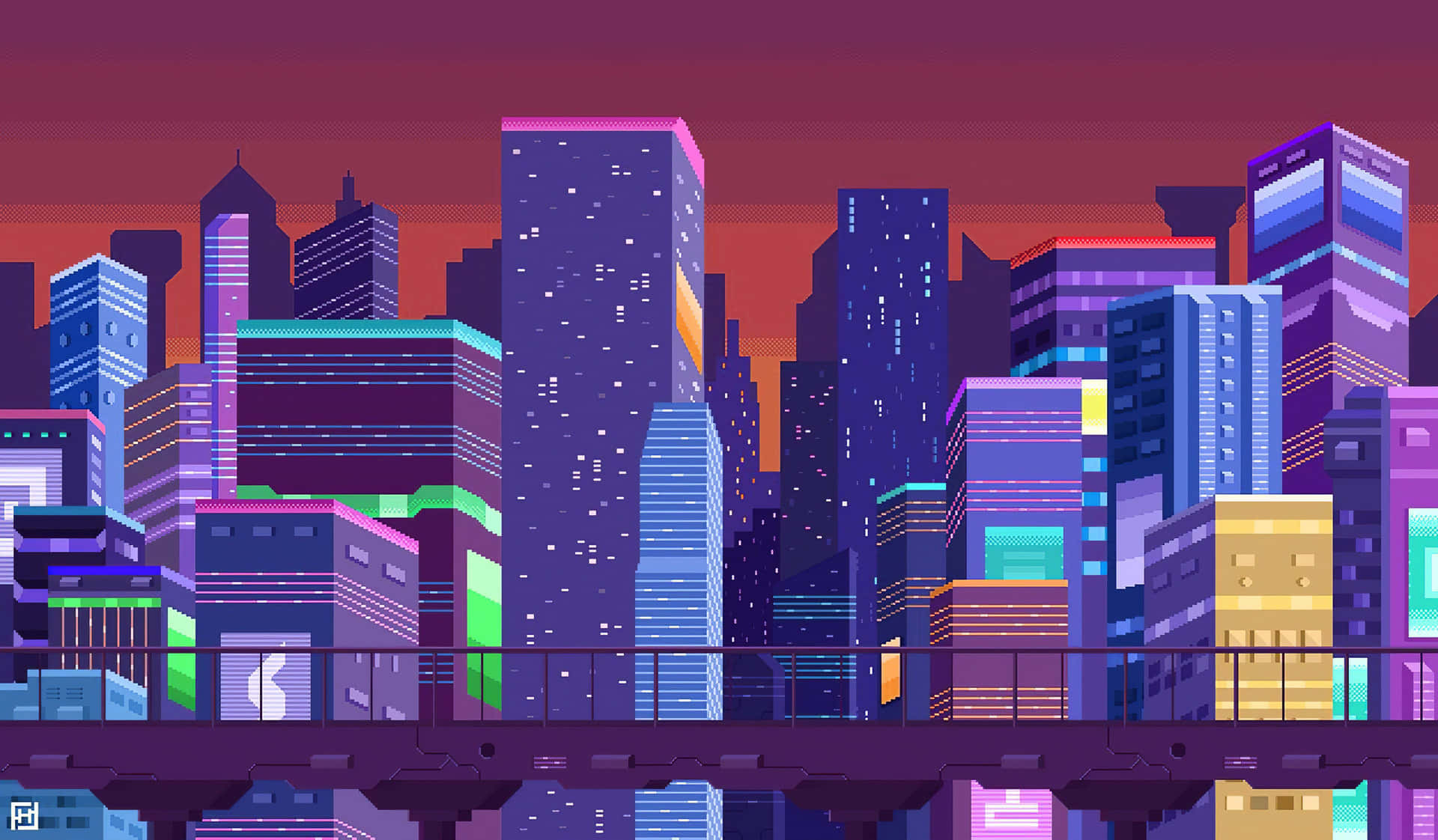 Nachtszeneeiner Stadtsilhouette Im Pixel Art-stil Wallpaper
