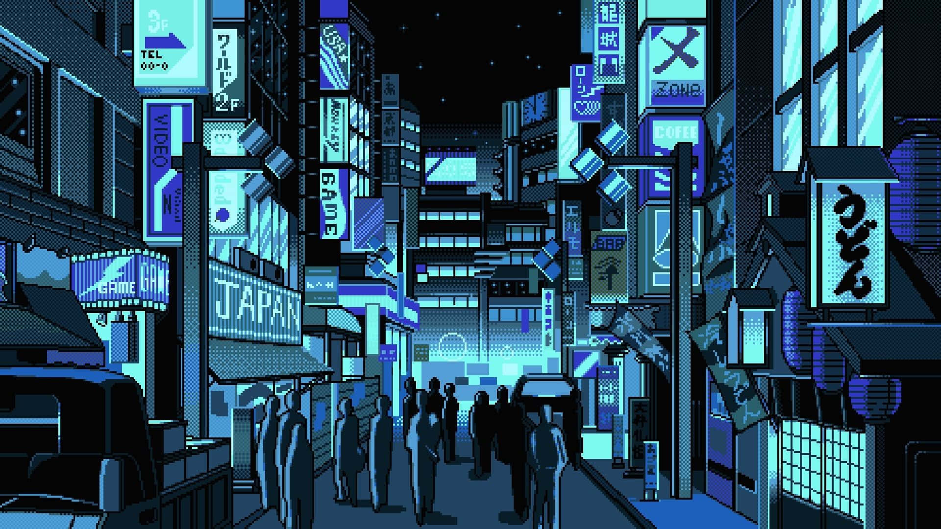 Blue City Pixel Art Wallpaper