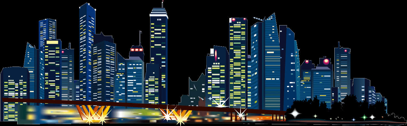 City Skyline Night Illustration PNG