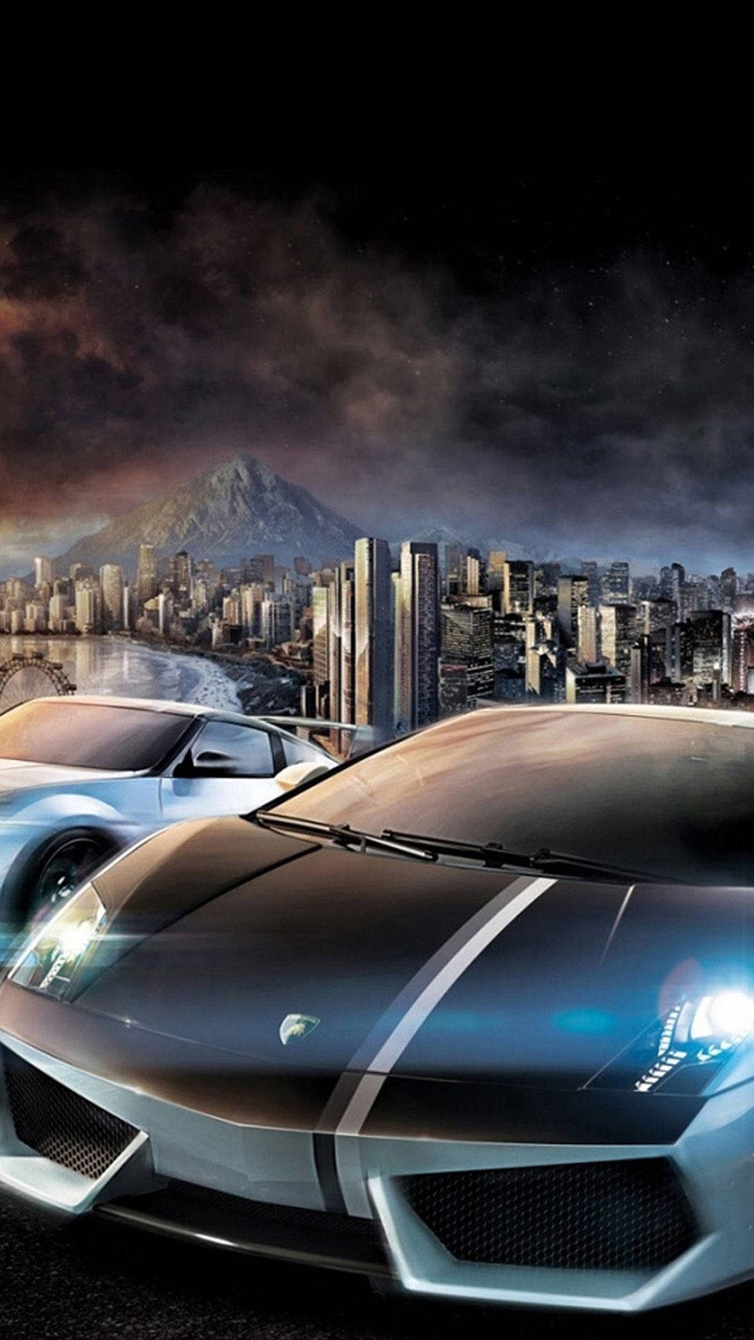 City Skylines And Black Lamborghini Car Iphone Wallpaper