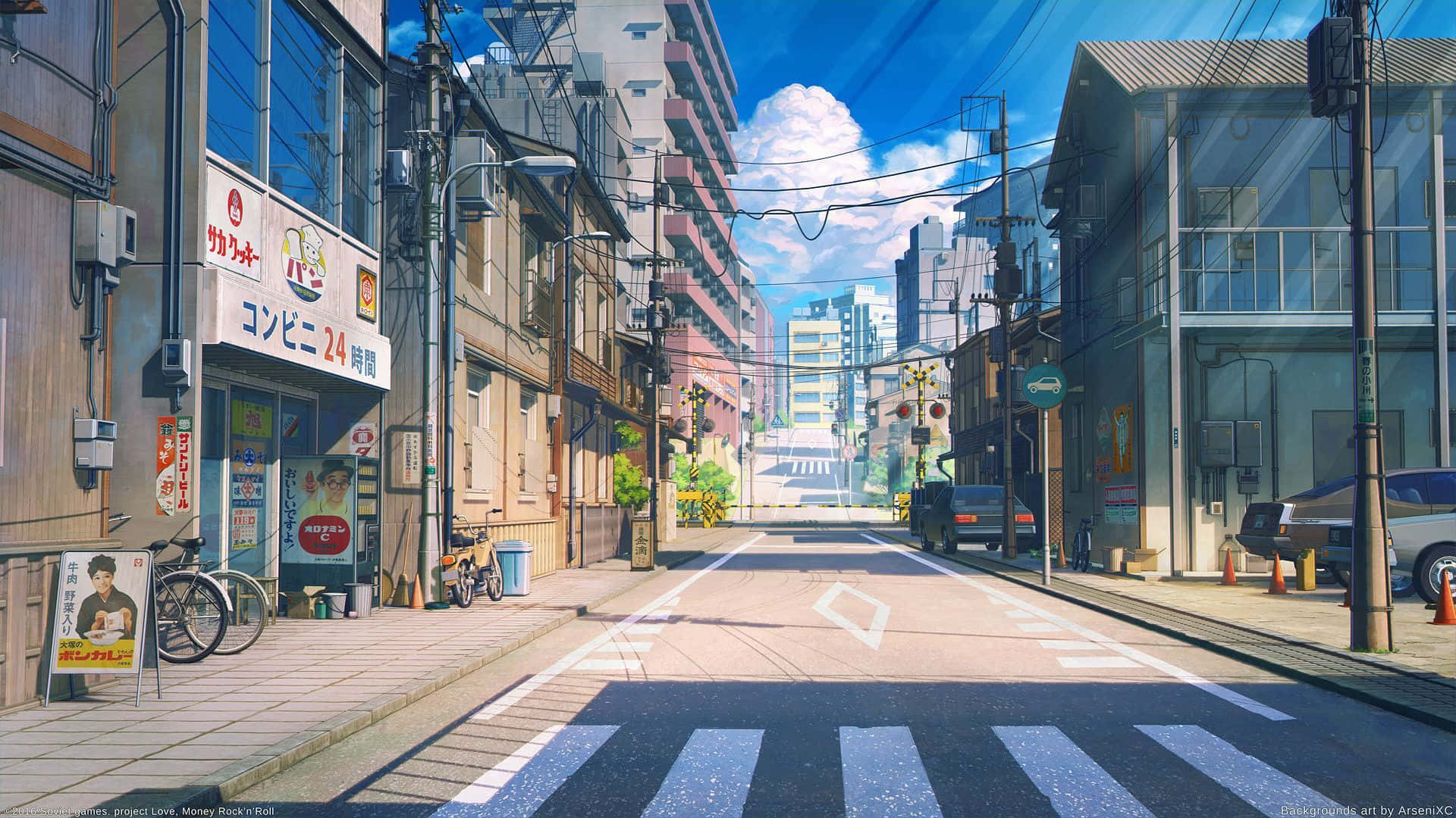 Anime street, road, buildings, scenery, night, stars, Anime, HD wallpaper