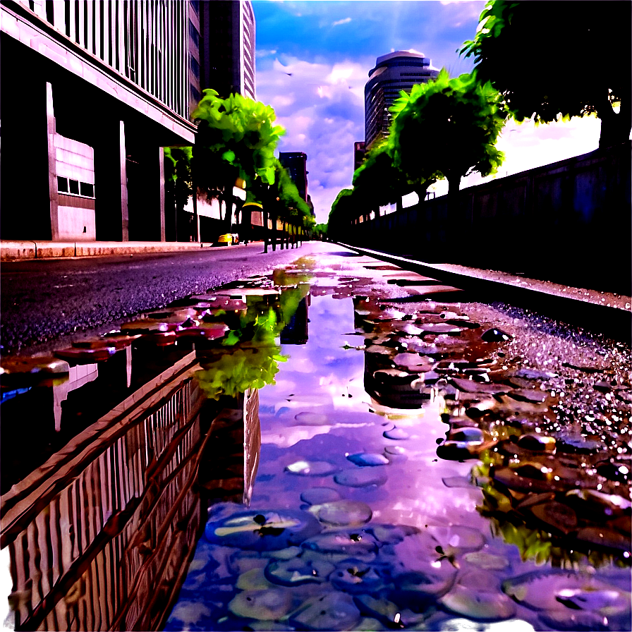 City Street With Water Puddles Png Fan PNG