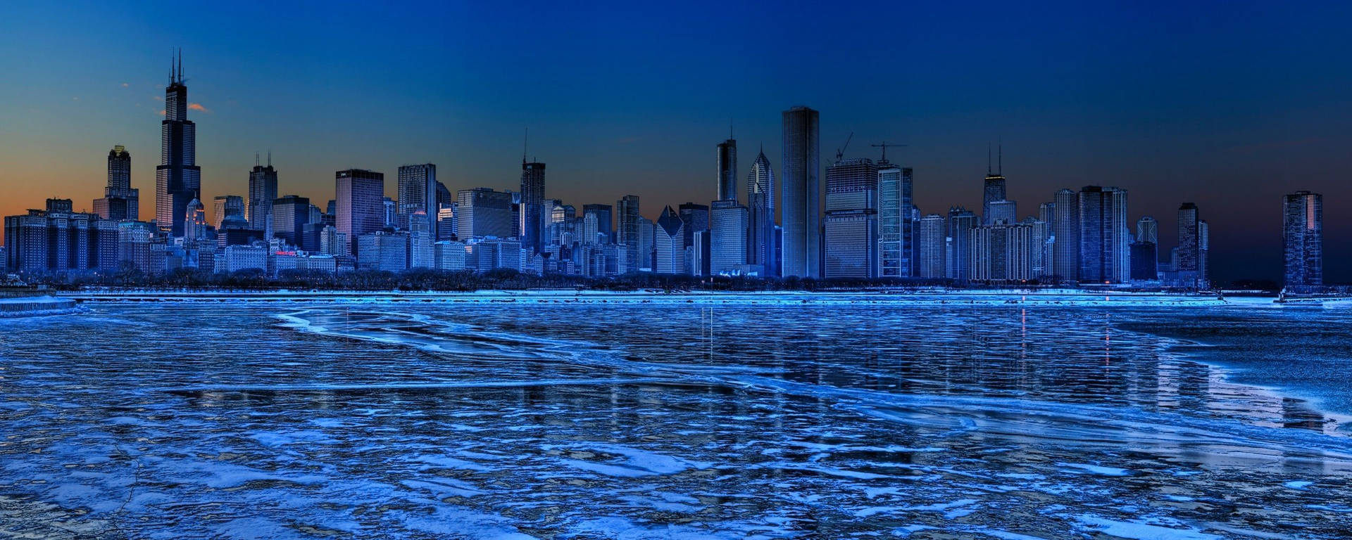Cityscape Across Lake Michigan In Winter For Monitor Wallpaper