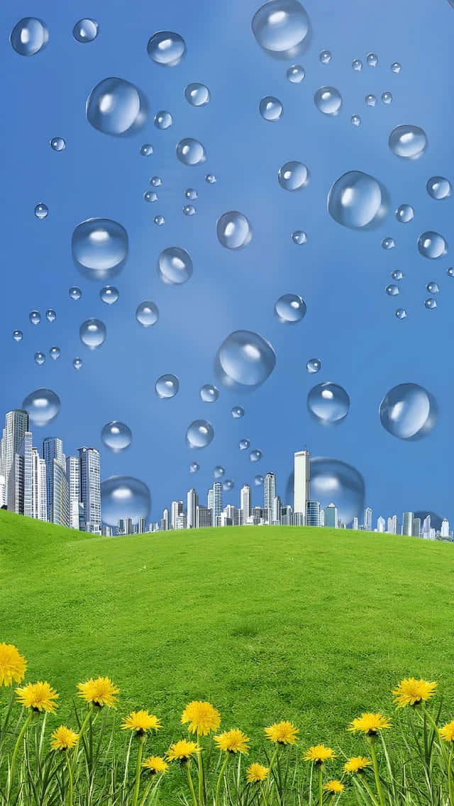 Cityscape Bubbles Over Green Meadow.jpg Wallpaper