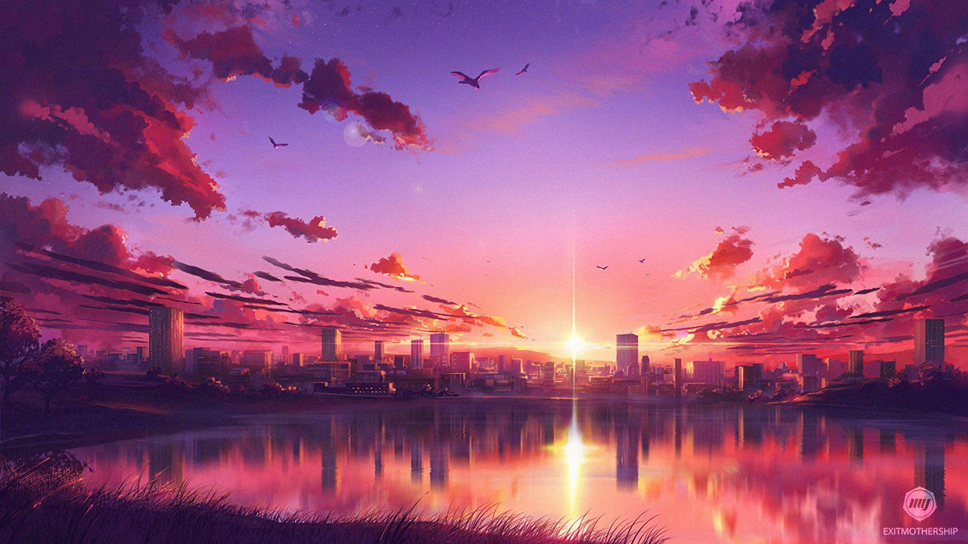 Cityscape Lake Anime Aesthetic Sunset