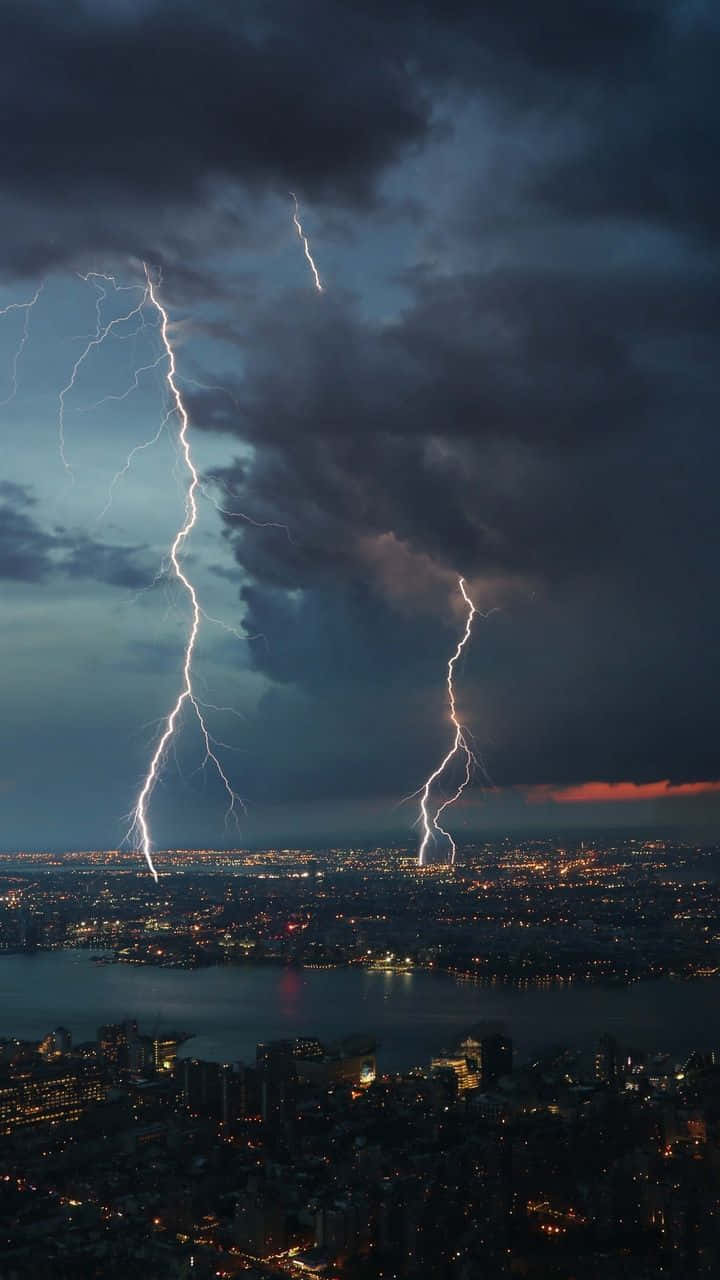 Cityscape Lightning Strike Night View Wallpaper