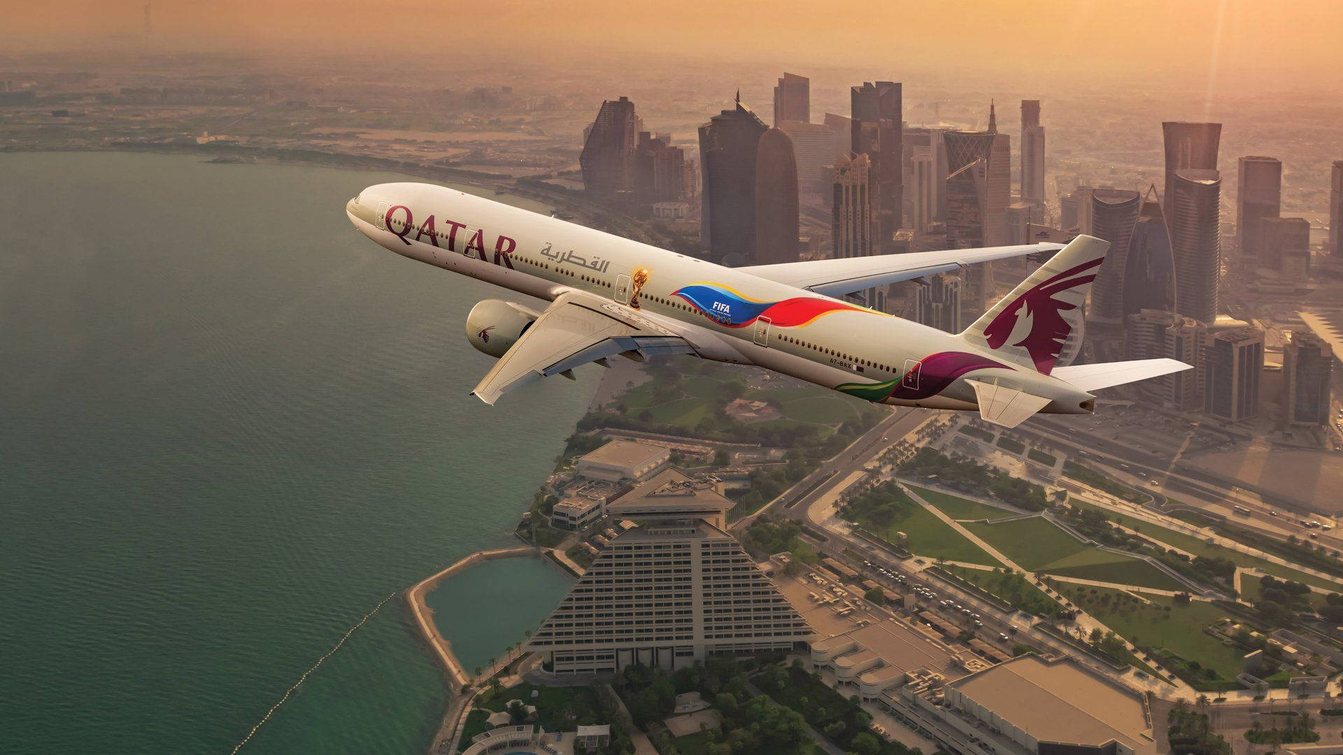 Stadtansichtunter Qatar Airways. Wallpaper