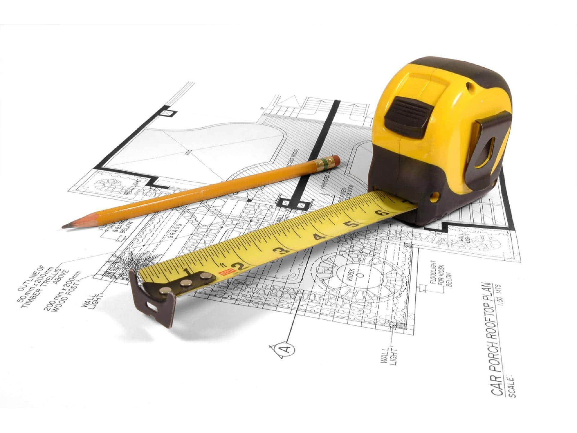 A Tape Measure And Pencil On Top Of Blueprints