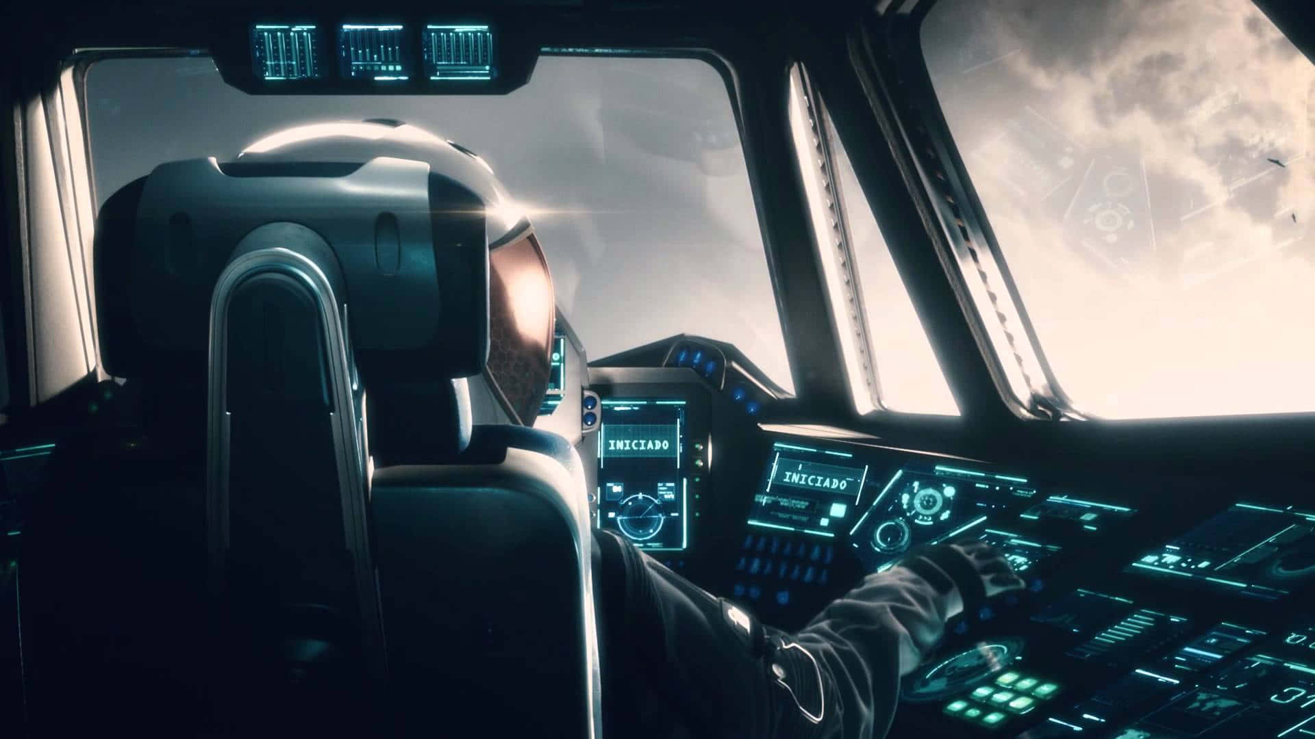 A Man In A Spaceship Is Sitting In The Cockpit