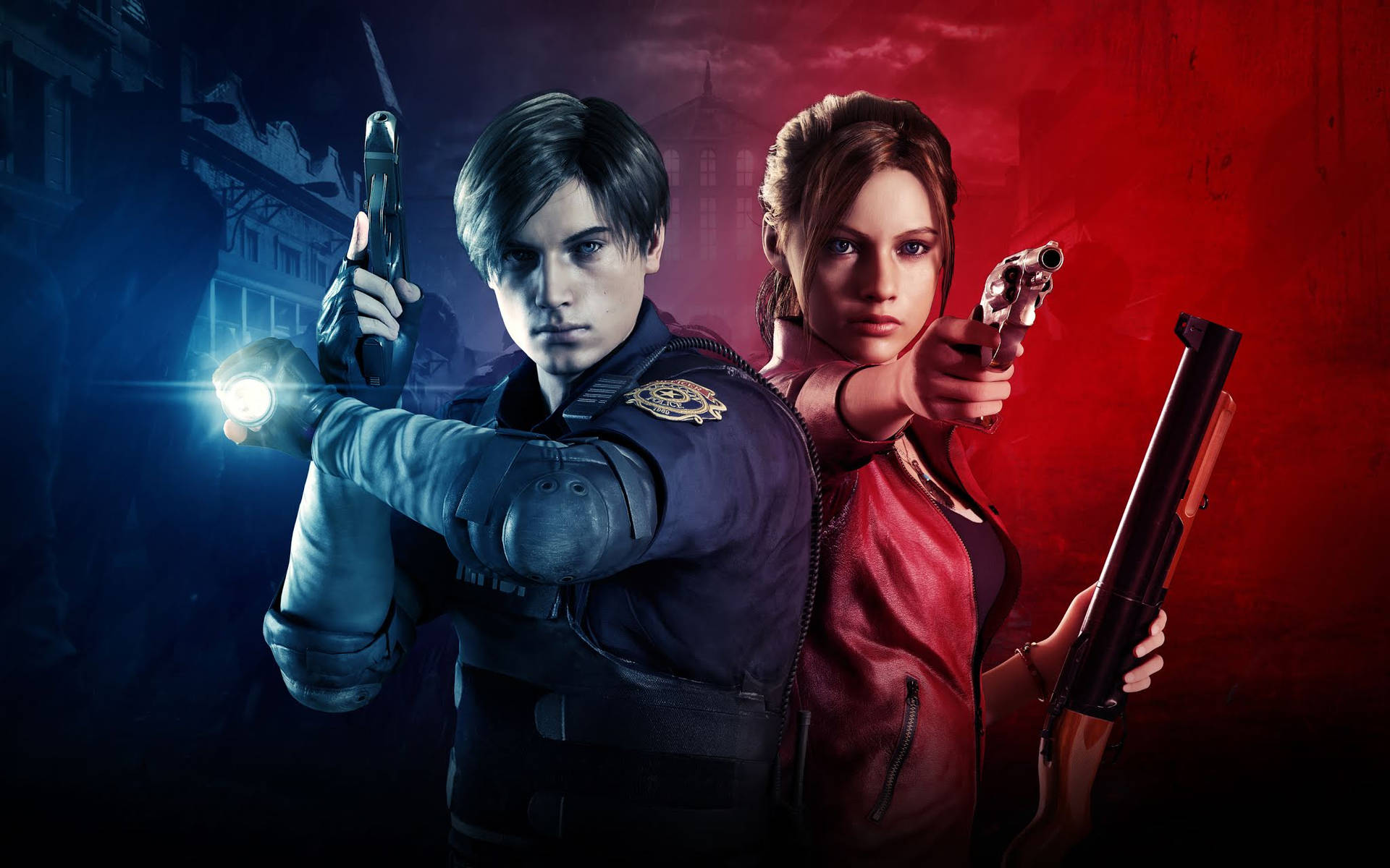 Claire and Leon battling a powerful undead enemy in the Resident Evil 2 remake Wallpaper