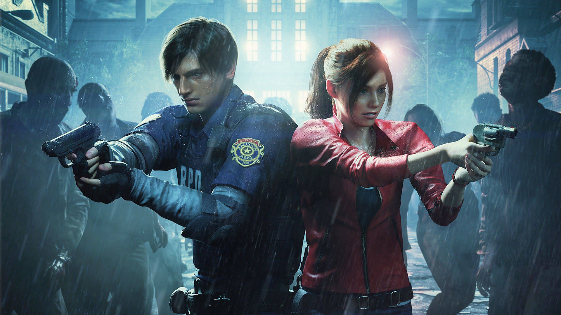 Leon and Claire face off against a swarm of Zombies in Resident Evil 2 Remake Wallpaper