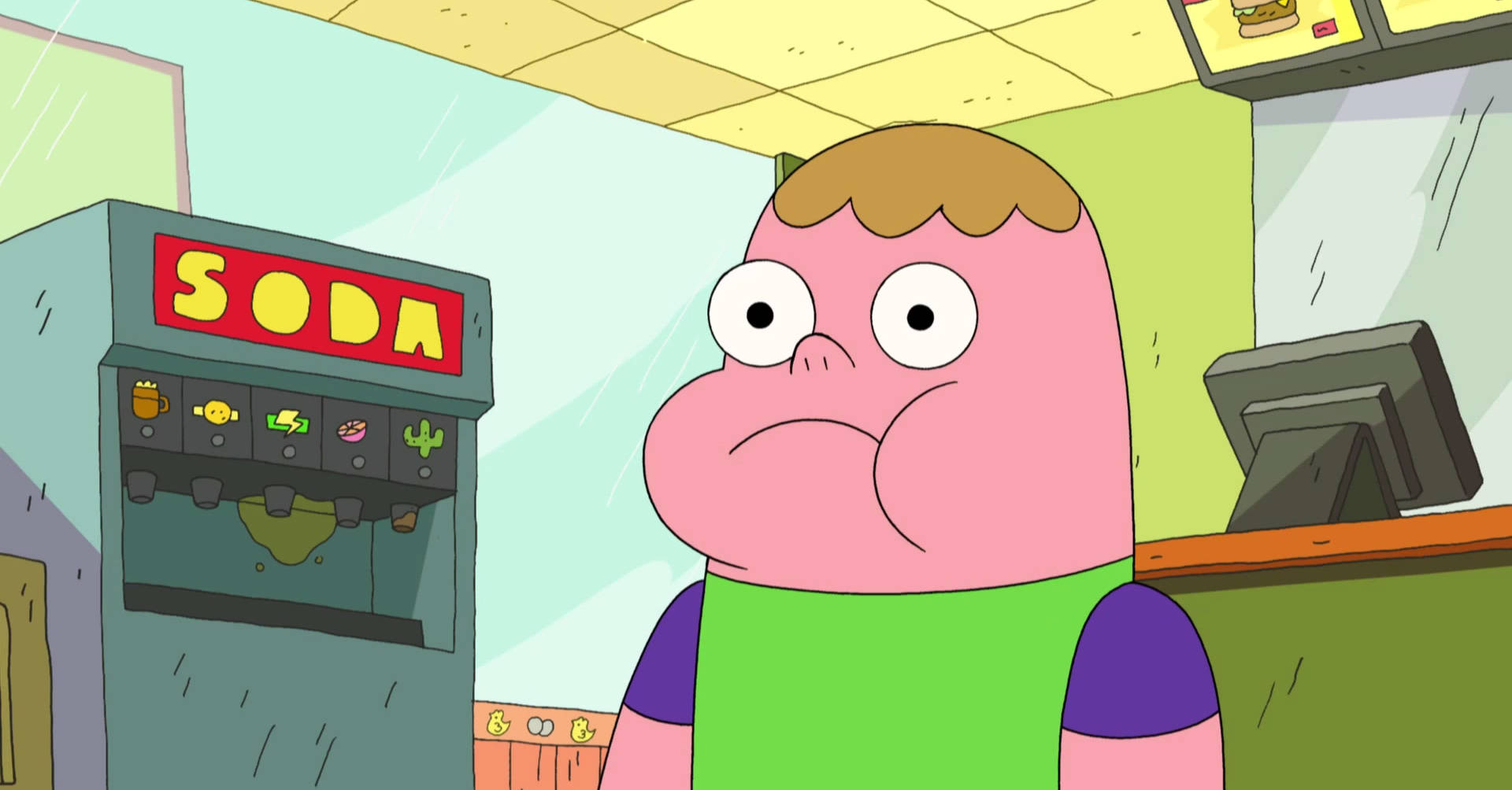 Clarence Beside A Soda Machine Background