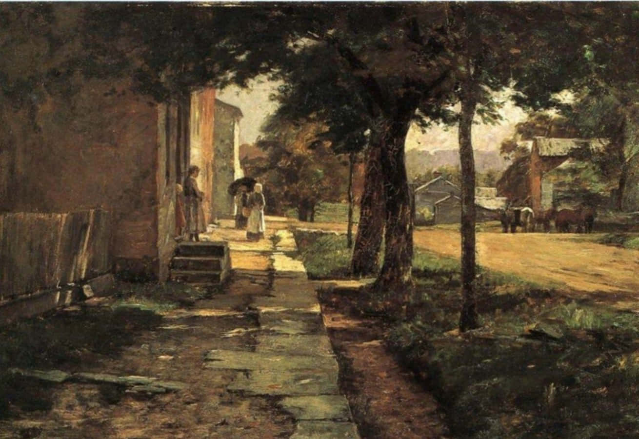 A Painting Of A Country Road With People Walking Down It Wallpaper