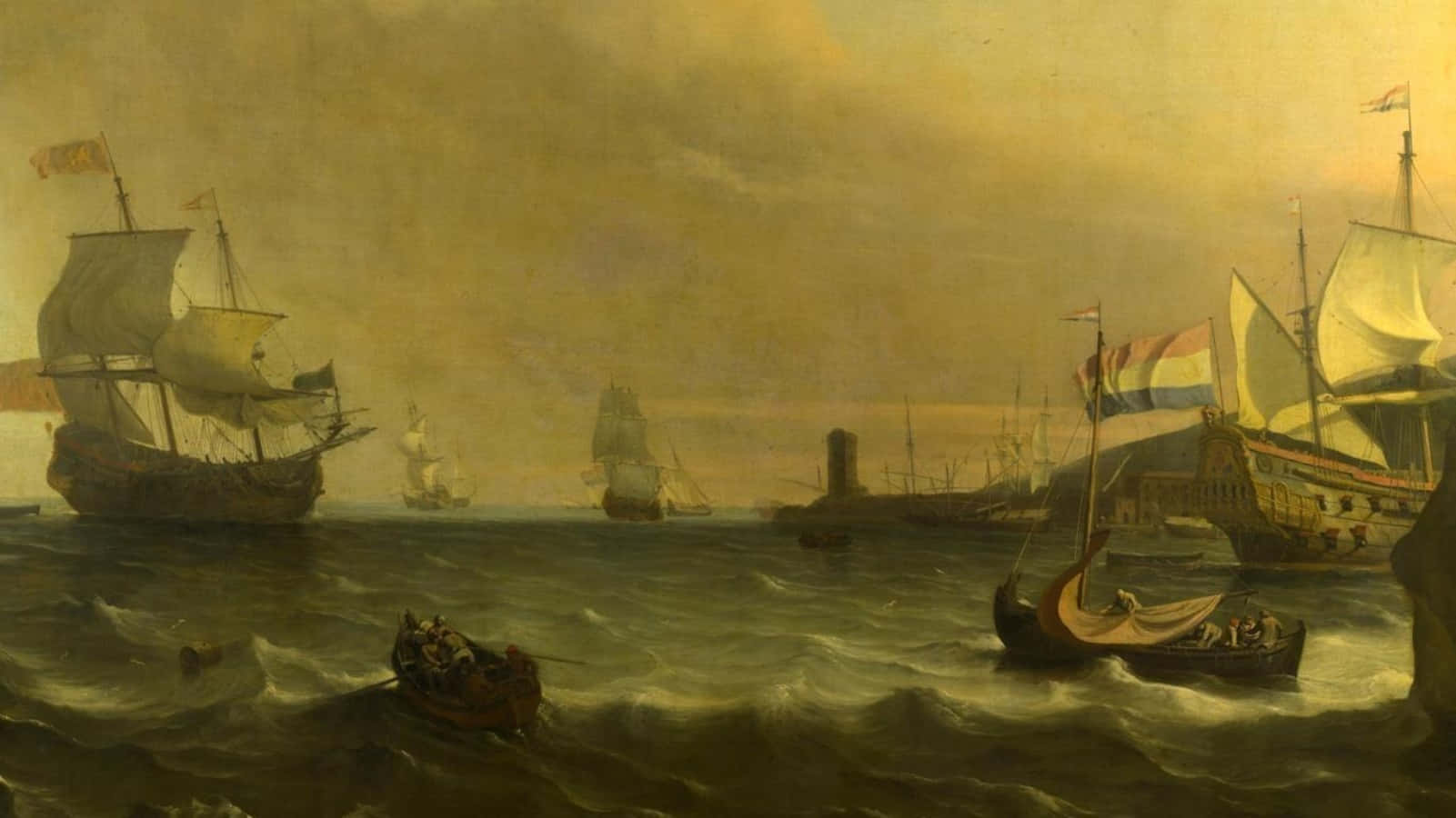 A Painting Of Ships In The Ocean Wallpaper