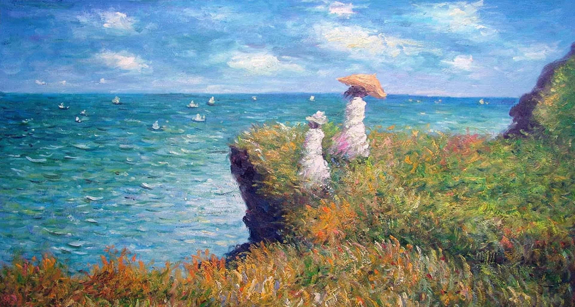 Enmålning Av Två Kvinnor På En Klippa Med Utsikt Över Havet. Wallpaper