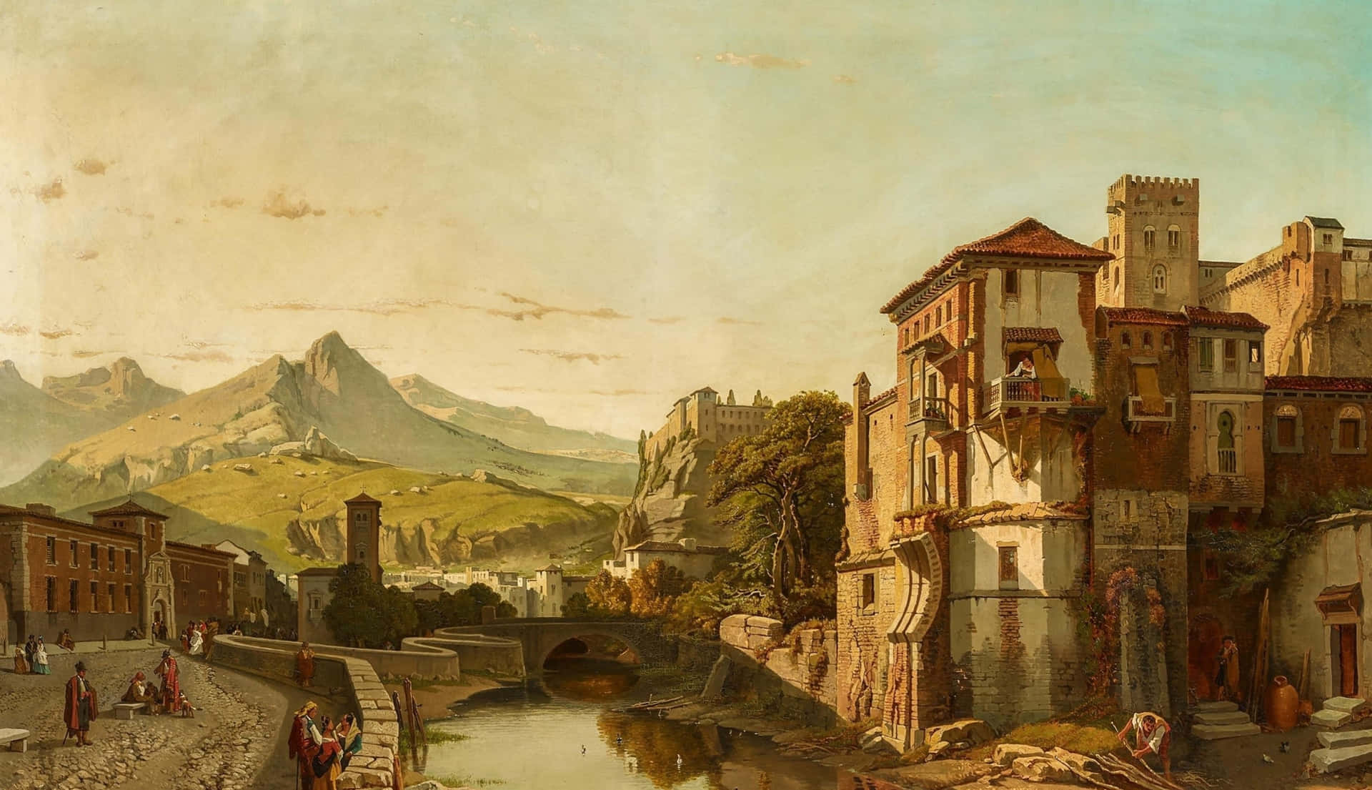 A Painting Of A City With A River And Mountains Wallpaper