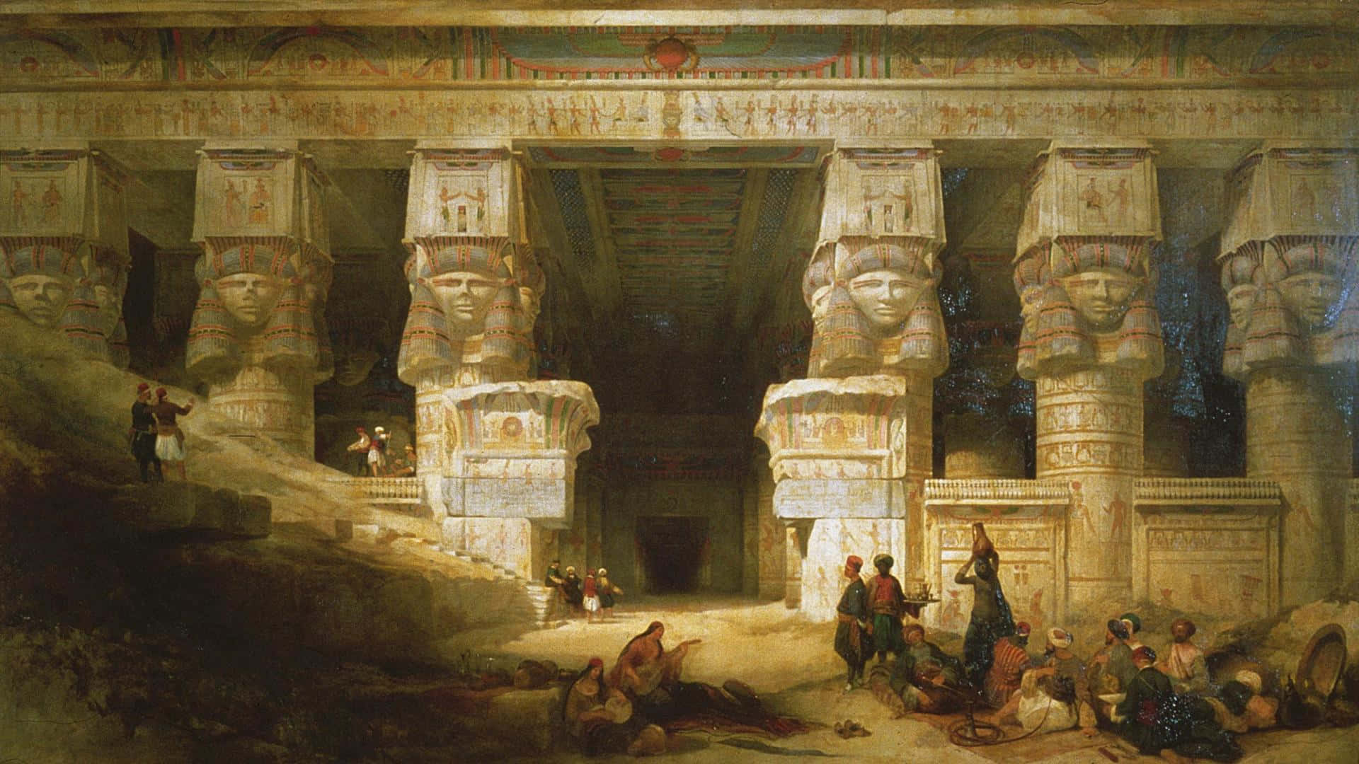Et maleri af en egyptisk tempel med mennesker i det. Wallpaper