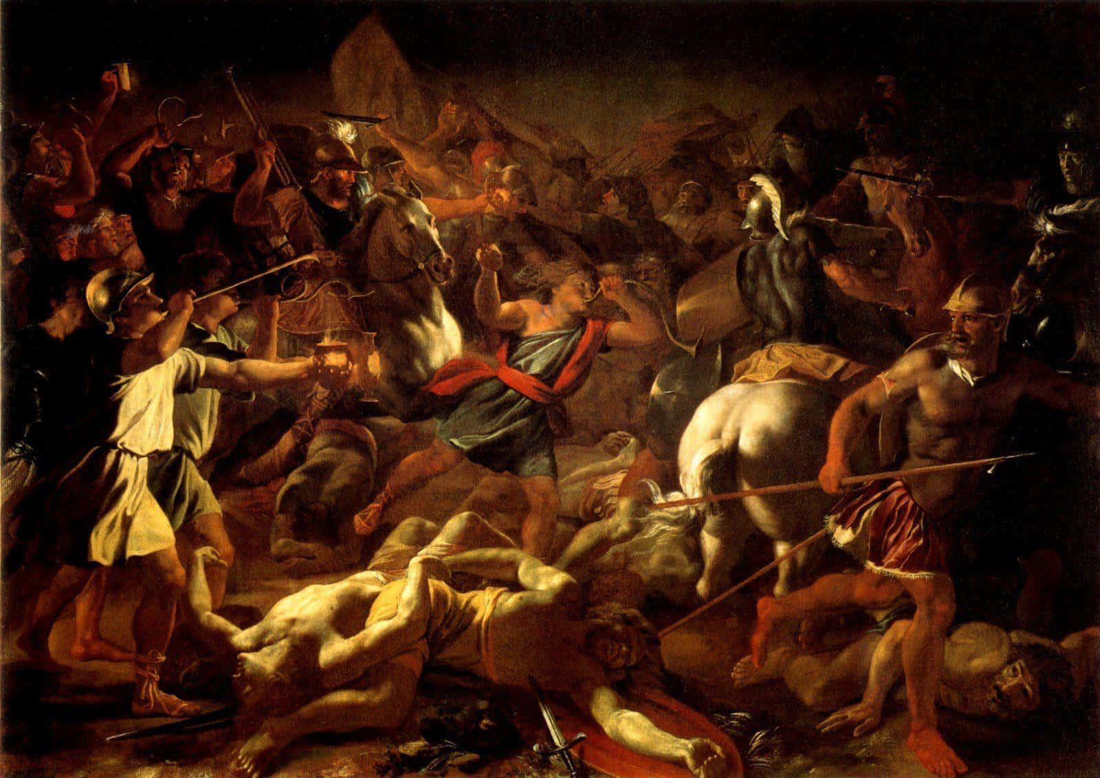 Klassisk kunst Battle Of Gideon mod Midiantes maleri: Tag med til fortiden i stil med den stemningsfulde maleri af kampen mellem Gideon og Midianiterne. Wallpaper