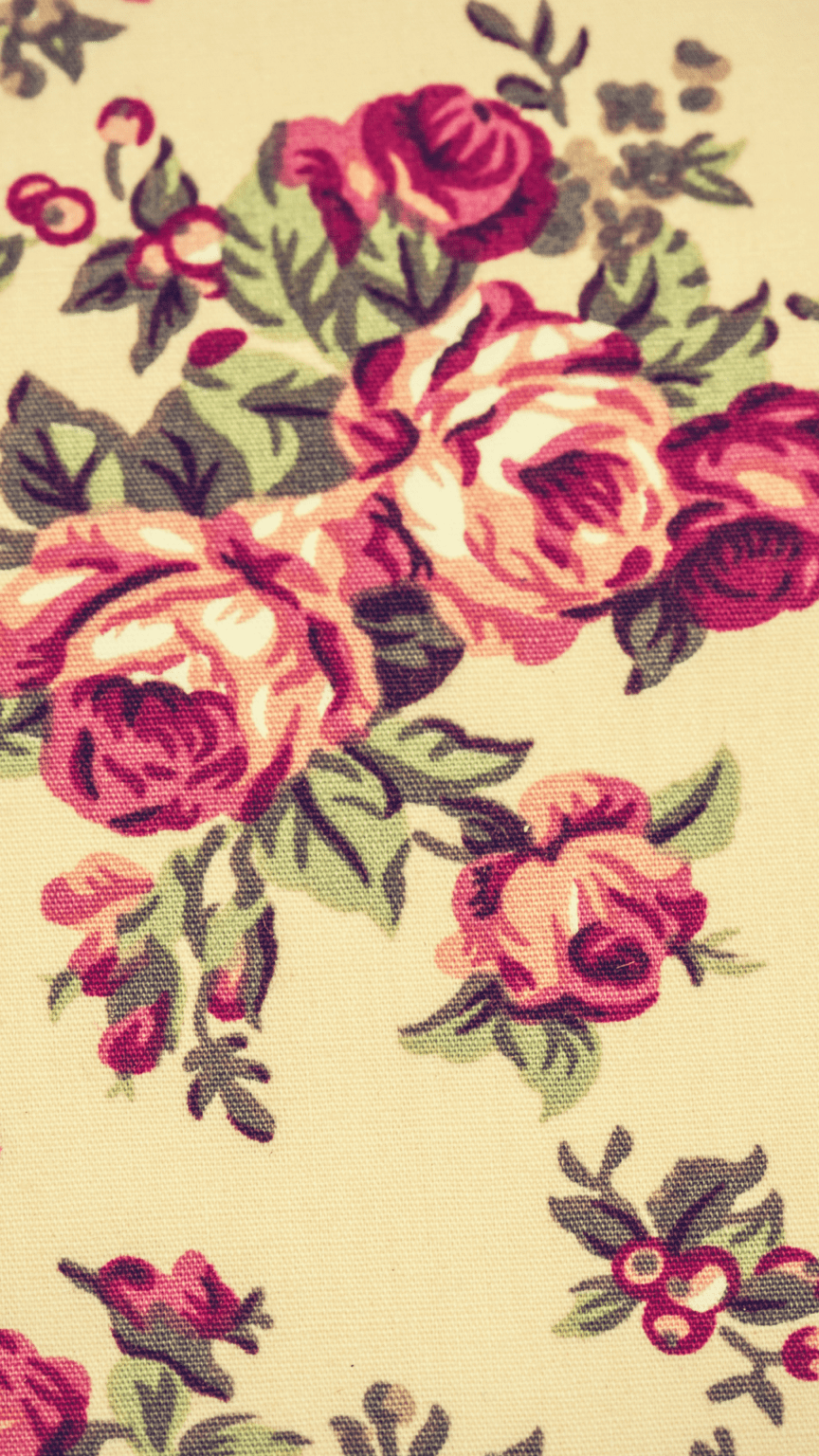 An old-fashioned background showcasing a brick wall and wooden door. Background — Vintage floral wallpaper with pink and red roses on cream background.