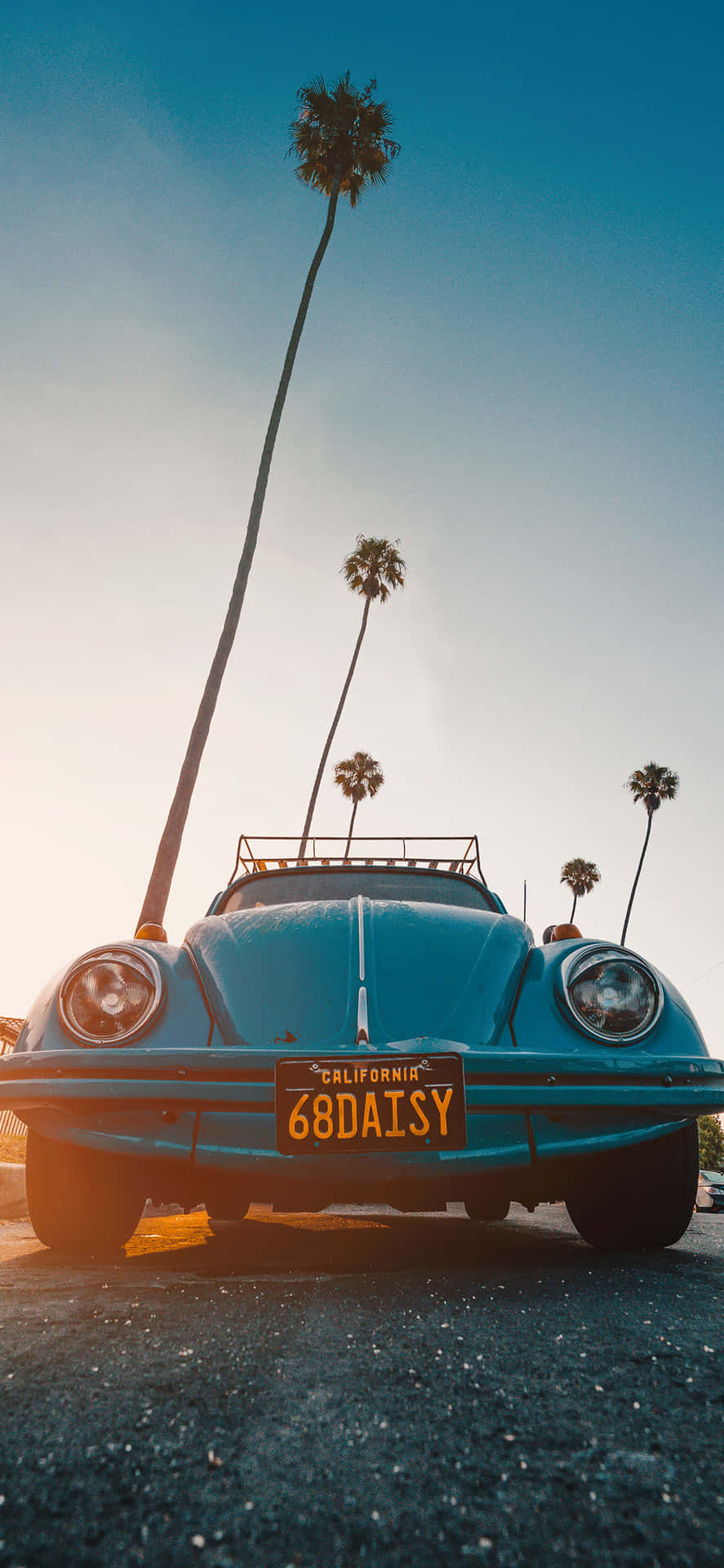 A Blue Car Parked In Front Of Palm Trees Wallpaper