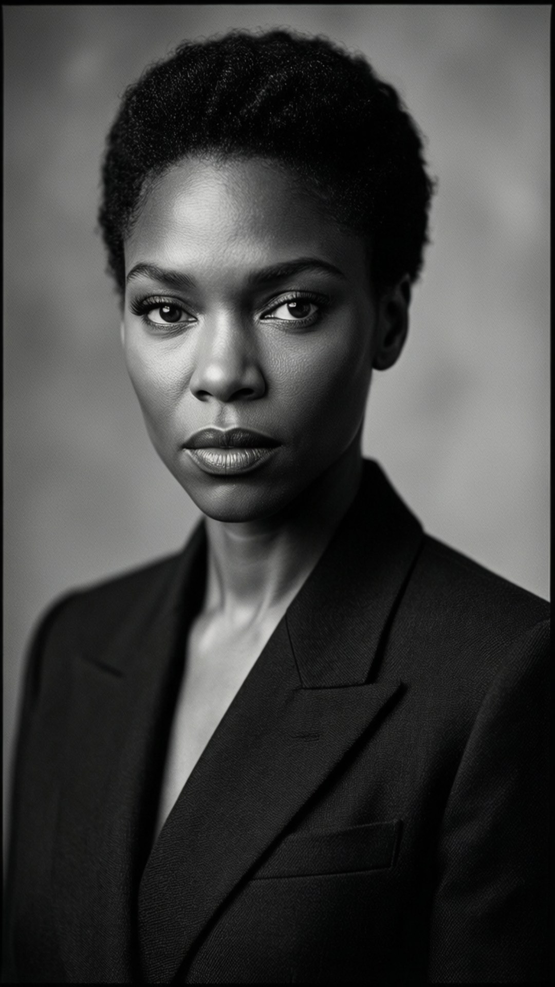 A woman in a black blazer stares directly at the camera in a studio portrait. wallpaper