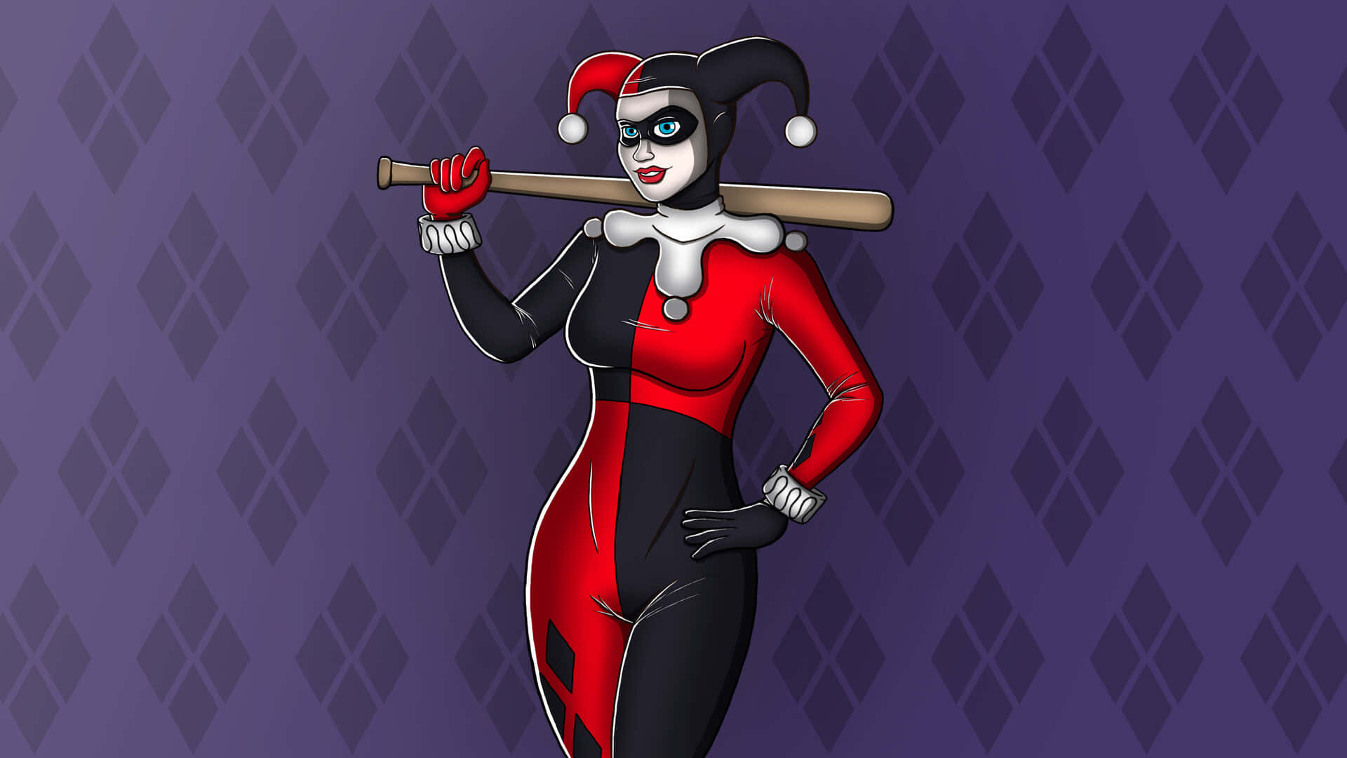 Classic Harley Quinn striking a pose in iconic costume Wallpaper