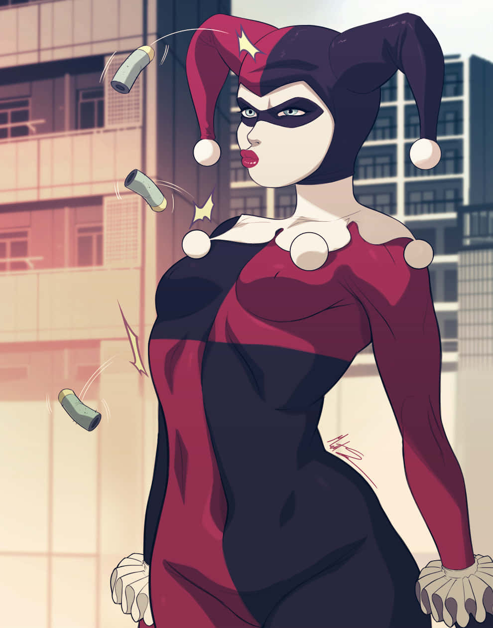 Classic Harley Quinn with her iconic mallet and playful pose Wallpaper