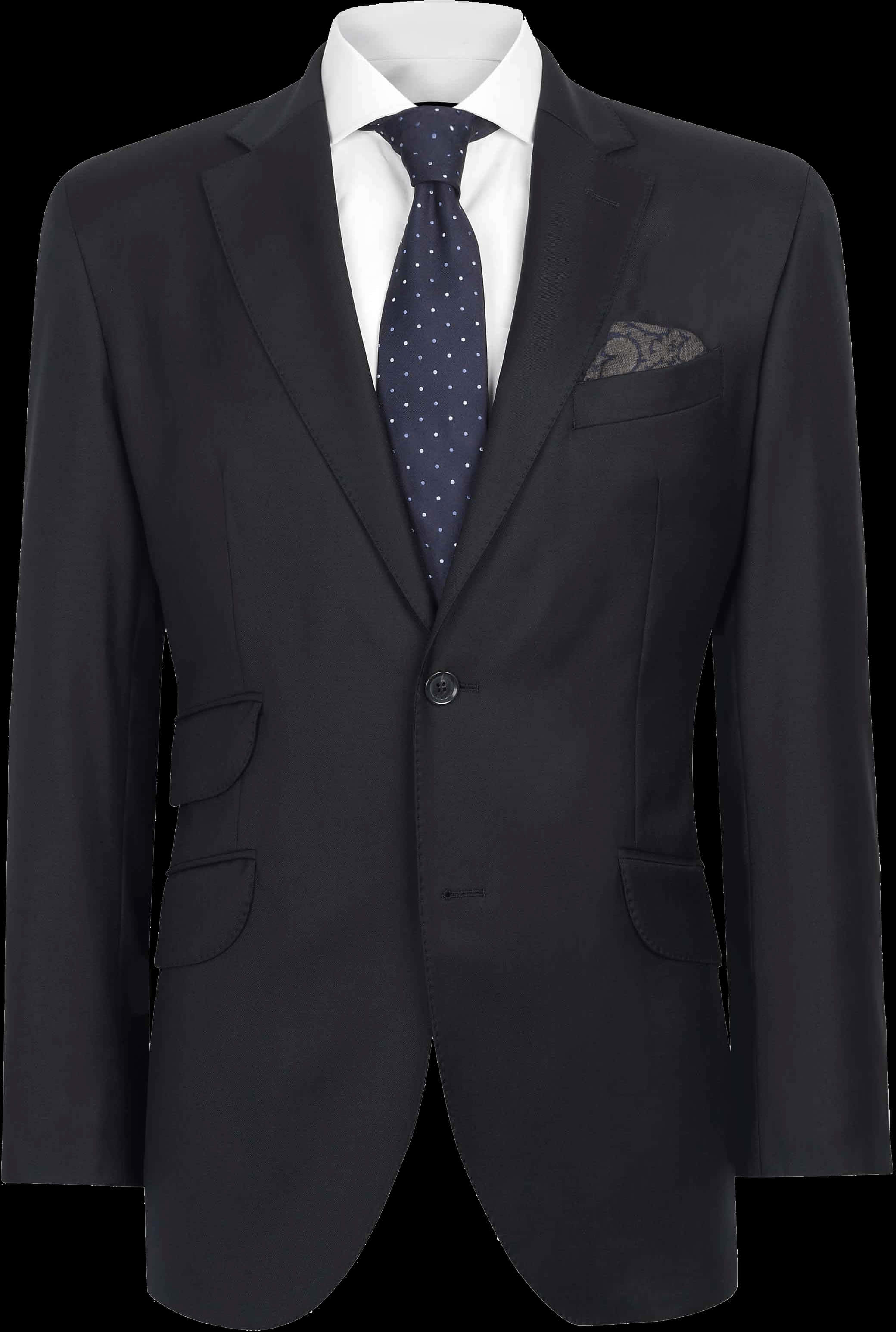 Classic Navy Suit Jacketwith White Shirtand Polka Dot Tie PNG