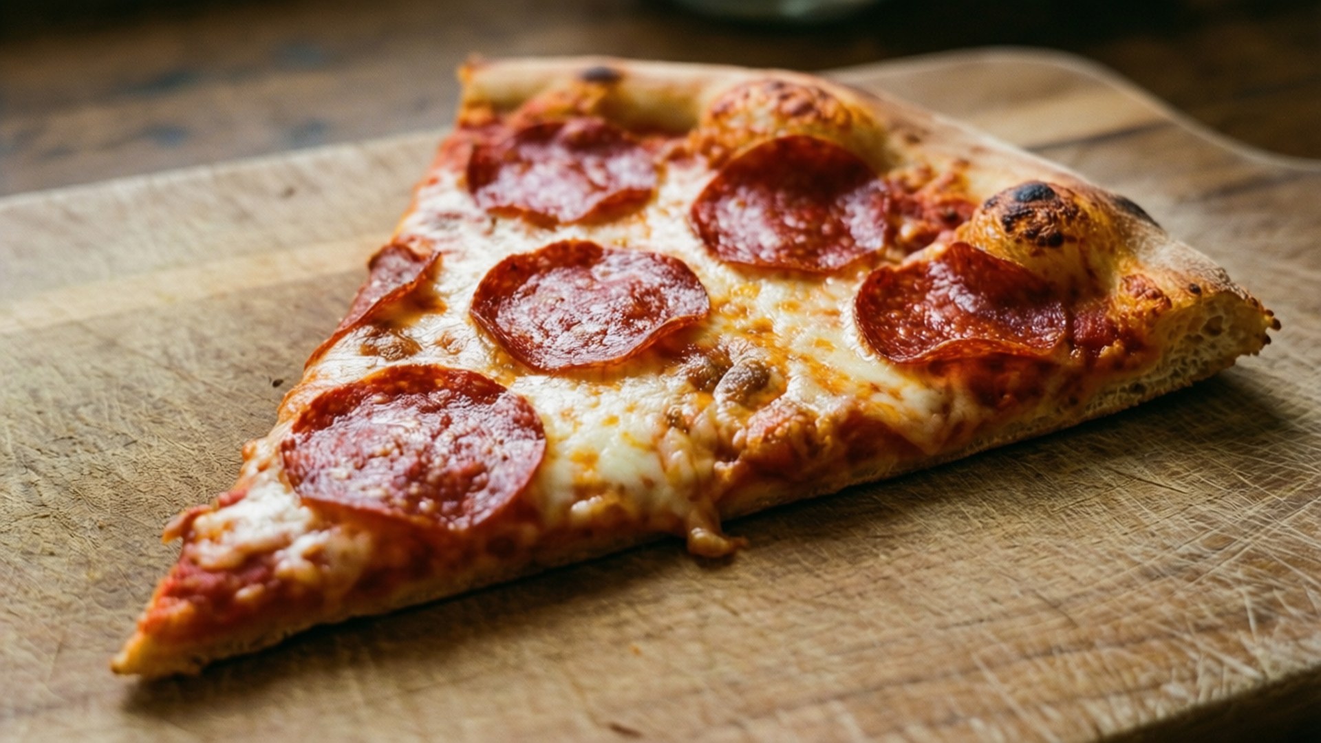Sepotong pizza pepperoni lezat di atas papan kayu dengan pencahayaan hangat.
