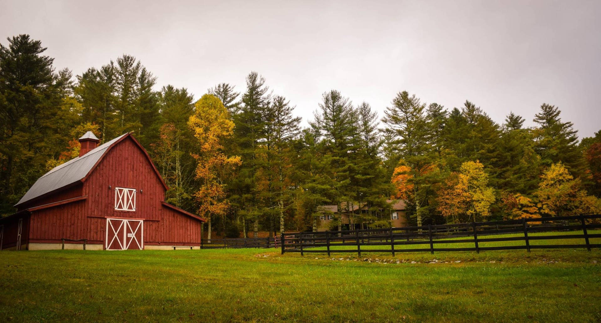 Classic Red Painted Barn Farm Landscape Wallpaper