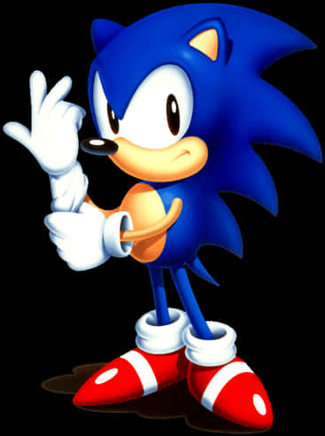 Classic Sonic Pose Wallpaper — Sonic the Hedgehog waves cheerfully in a classic 3D video game pose against a black background.