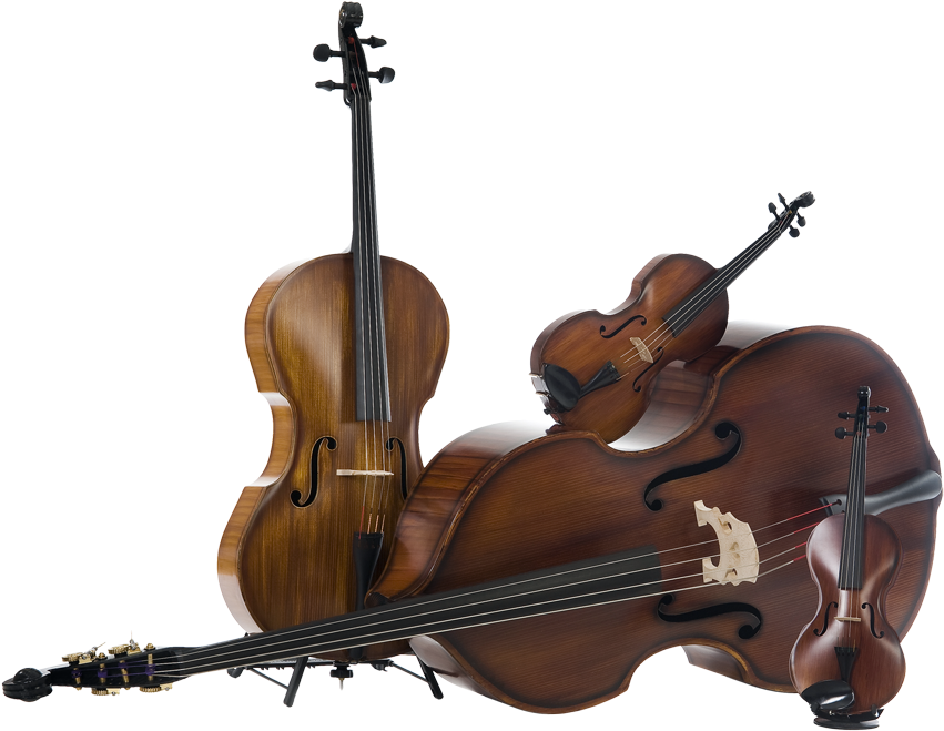 Classic_ String_ Instruments_ Collection PNG — Four elegant string instruments including cello violin and viola arranged in a dynamic composition against a stark black background.