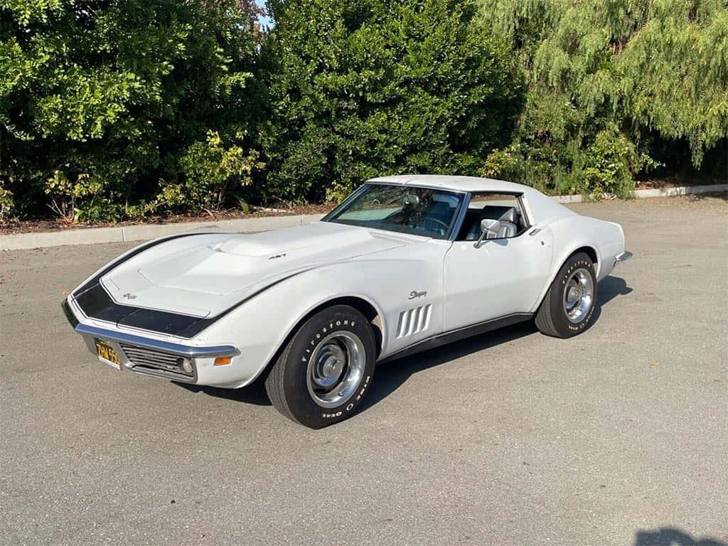 Klassinen Valkoinen Chevrolet Corvette Stingray Pysäköity Taustakuva