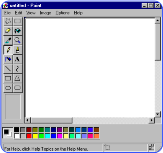 Classic Windows Paint Program PNG — A vintage Windows Paint application window with a black canvas and classic toolbar tools and color palette.